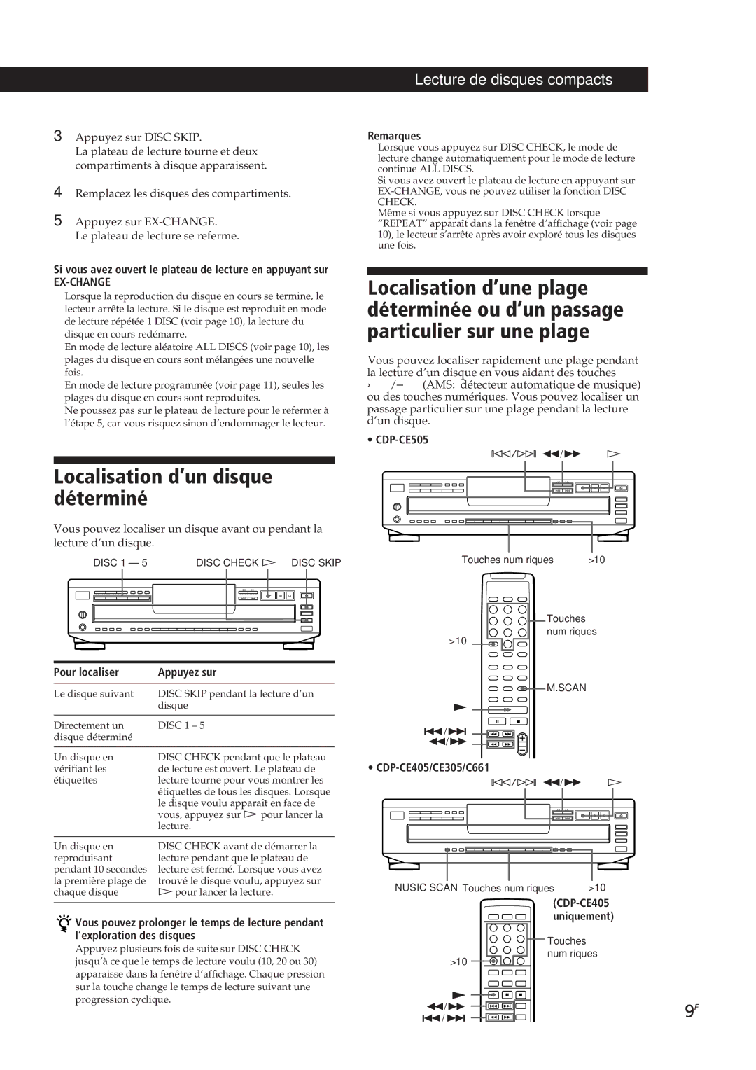 Sony CDP-CE505, CDP-CE305 manual Localisation d’un disque déterminé, Lecture de disques compacts, Pour localiser Appuyez sur 