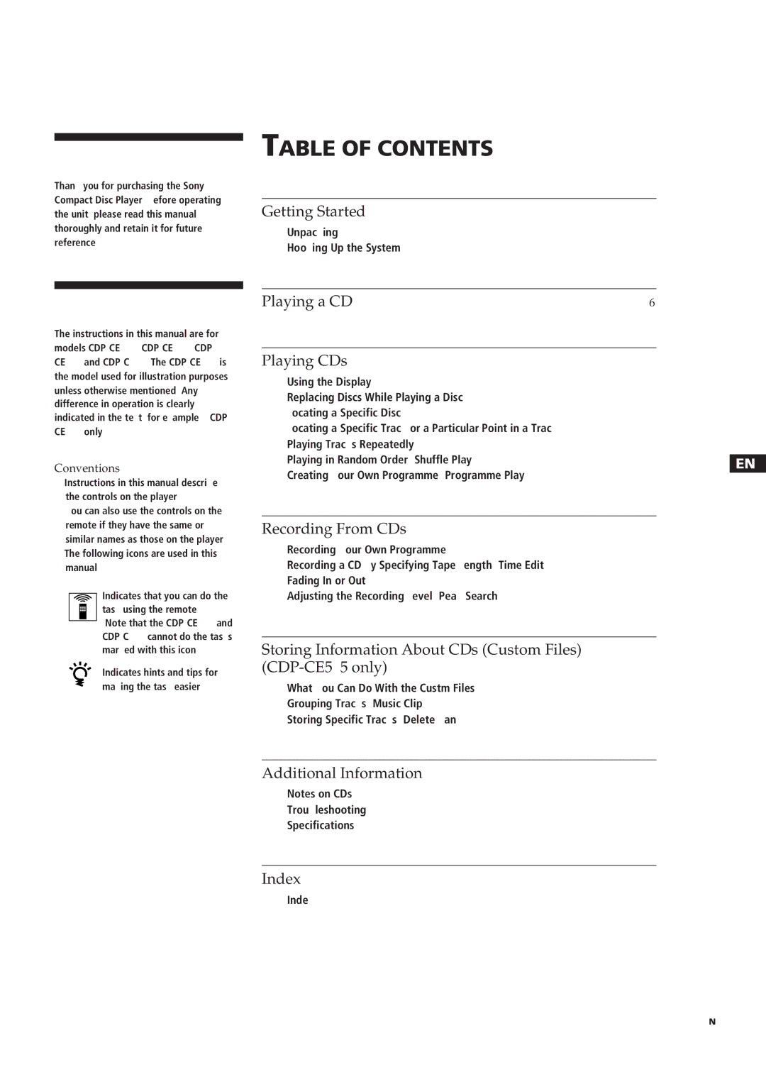 Sony CDP-C661, CDP-CE505, CDP-CE305, CDP-CE405 manual Table of Contents 