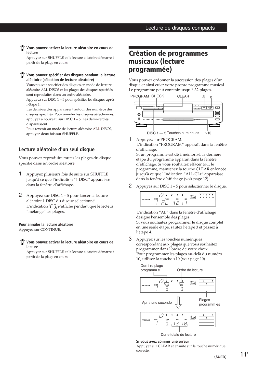 Sony CDP-CE405 Création de programmes musicaux lecture programmée, Lecture aléatoire d’un seul disque, Dernière plage 