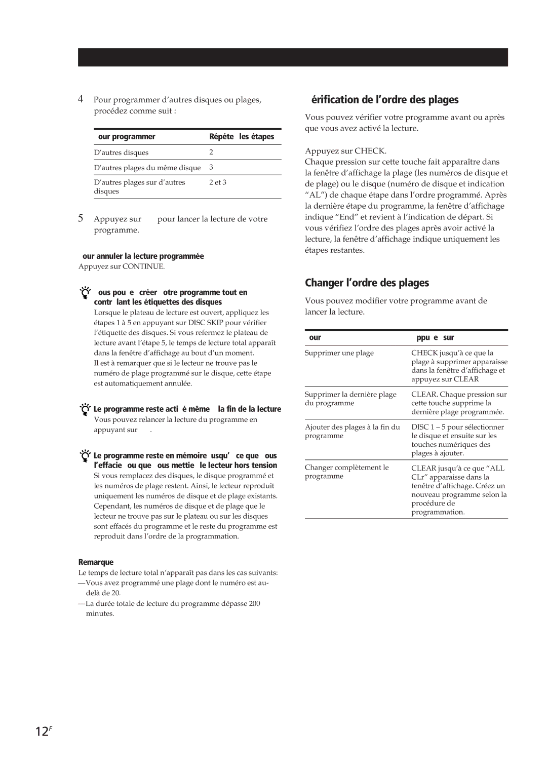 Sony CDP-C661, CDP-CE505, CDP-CE305, CDP-CE405 manual 12F, Vérification de l’ordre des plages, Changer l’ordre des plages 