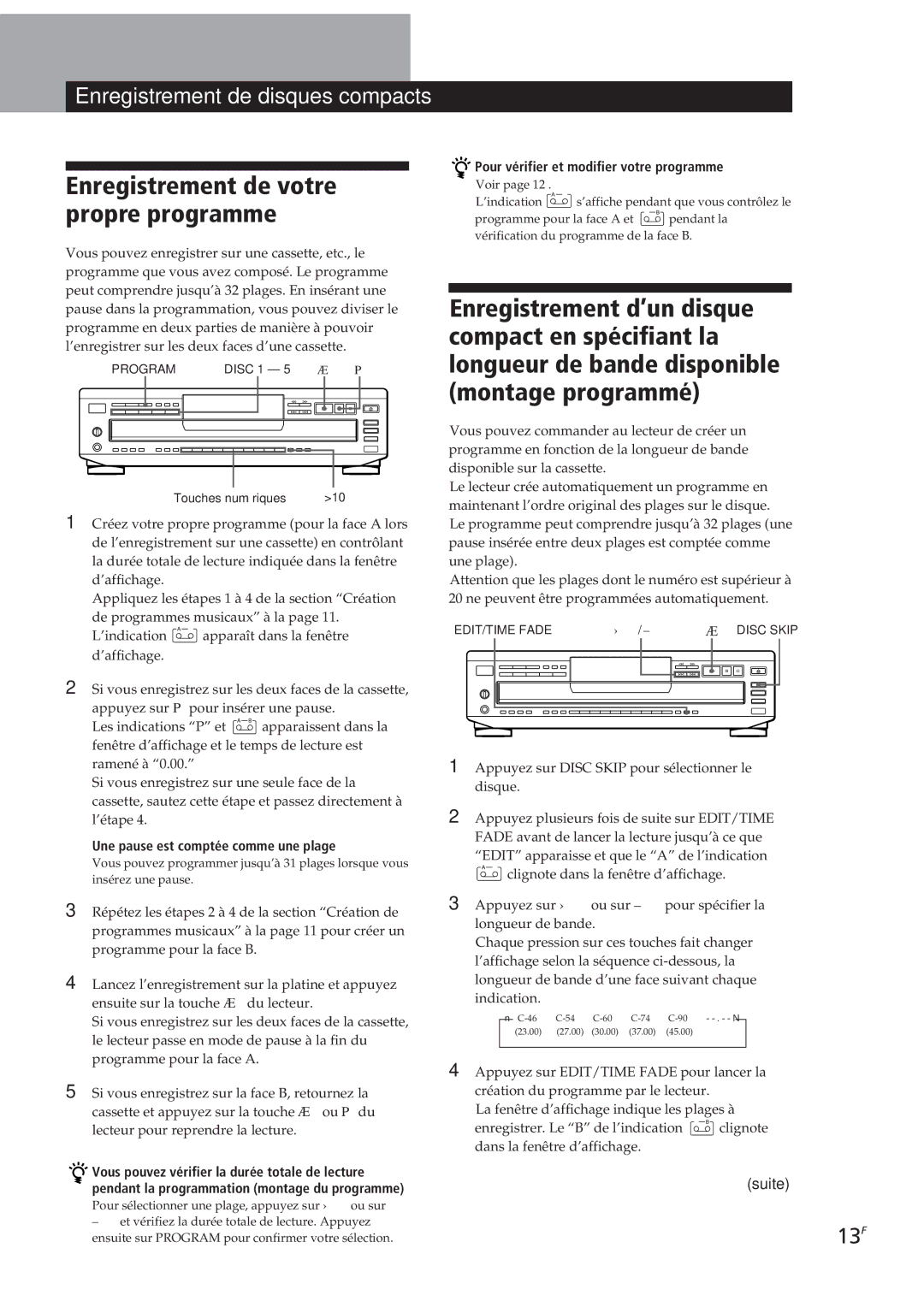 Sony CDP-CE505, CDP-CE305 manual Enregistrement de votre propre programme, 13F, Pour vérifier et modifier votre programme 