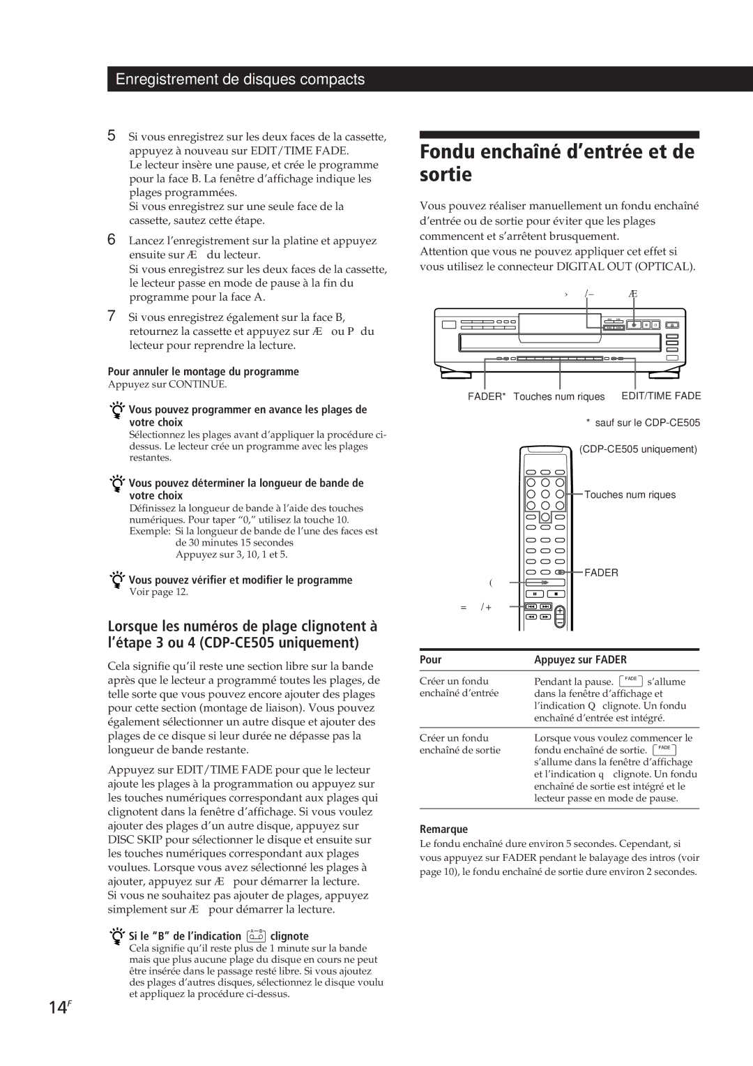 Sony CDP-CE305, CDP-CE505, CDP-CE405, CDP-C661 Fondu enchaîné d’entrée et de sortie, 14F, Enregistrement de disques compacts 