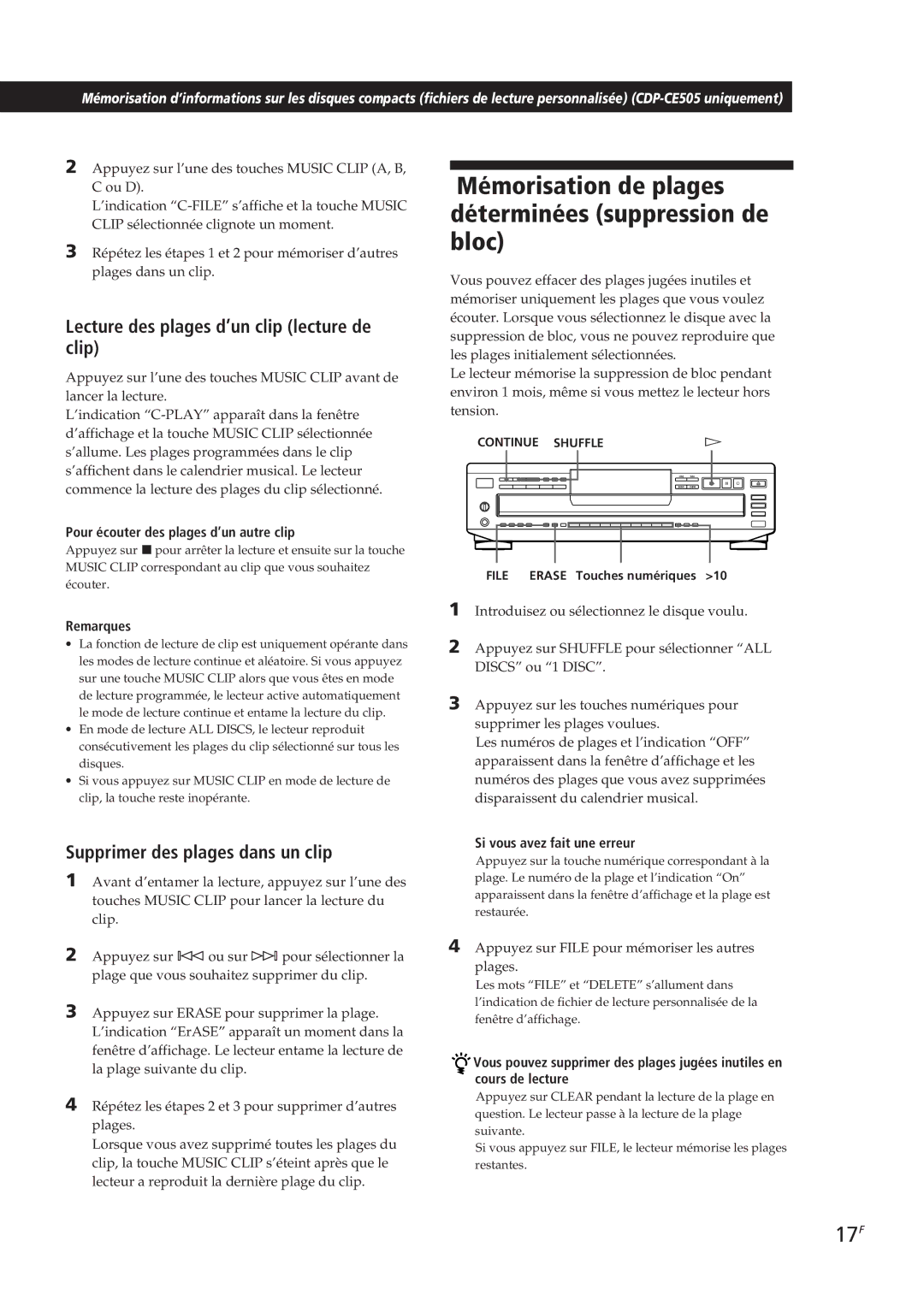 Sony CDP-CE505 Mémorisation de plages déterminées suppression de bloc, 17F, Lecture des plages d’un clip lecture de clip 