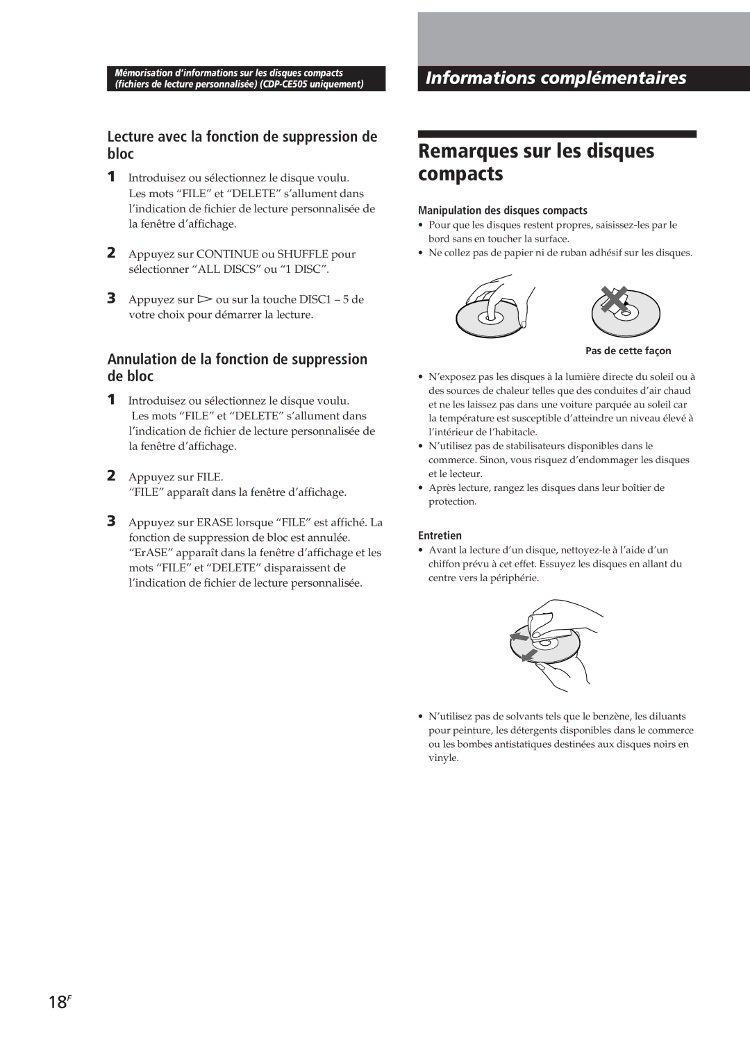 Sony CDP-CE305, CDP-CE505 manual Remarques sur les disques compacts, 18F, Lecture avec la fonction de suppression de bloc 