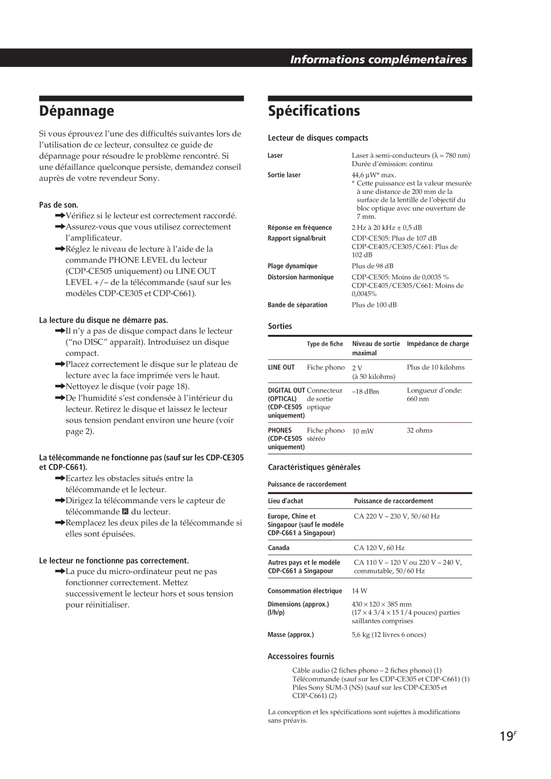 Sony CDP-CE405, CDP-CE505, CDP-CE305, CDP-C661 manual Dépannage, Spécifications, 19F, Informations complémentaires 