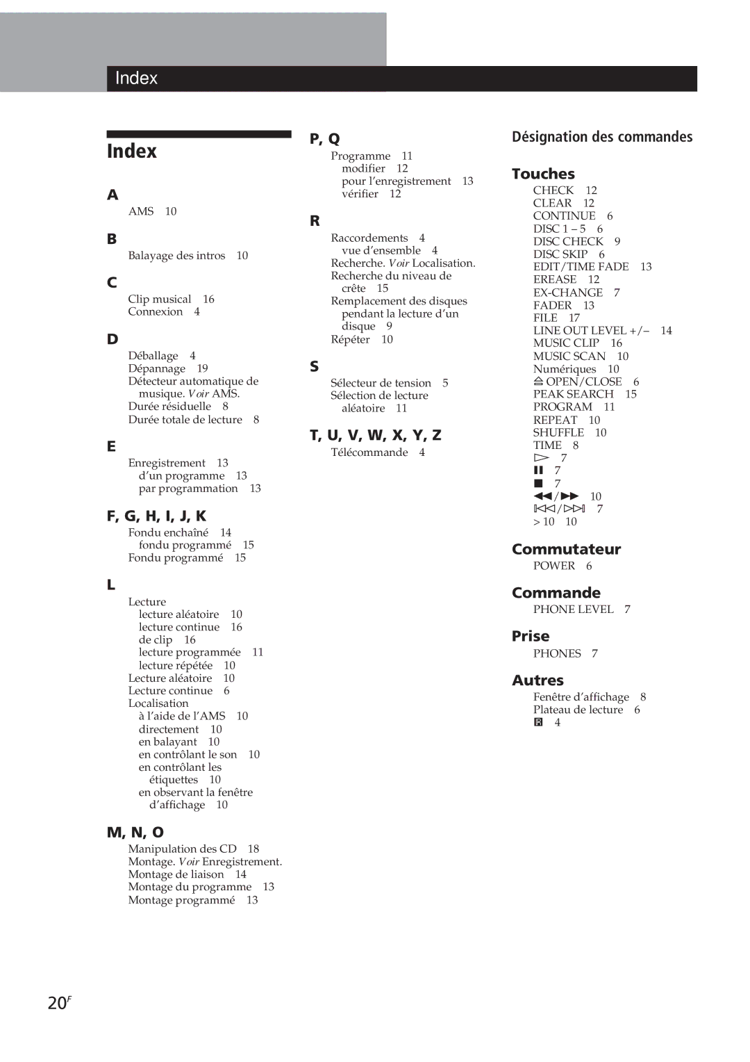 Sony CDP-C661, CDP-CE505, CDP-CE305, CDP-CE405 manual 20F, Indexformations complémentaires 