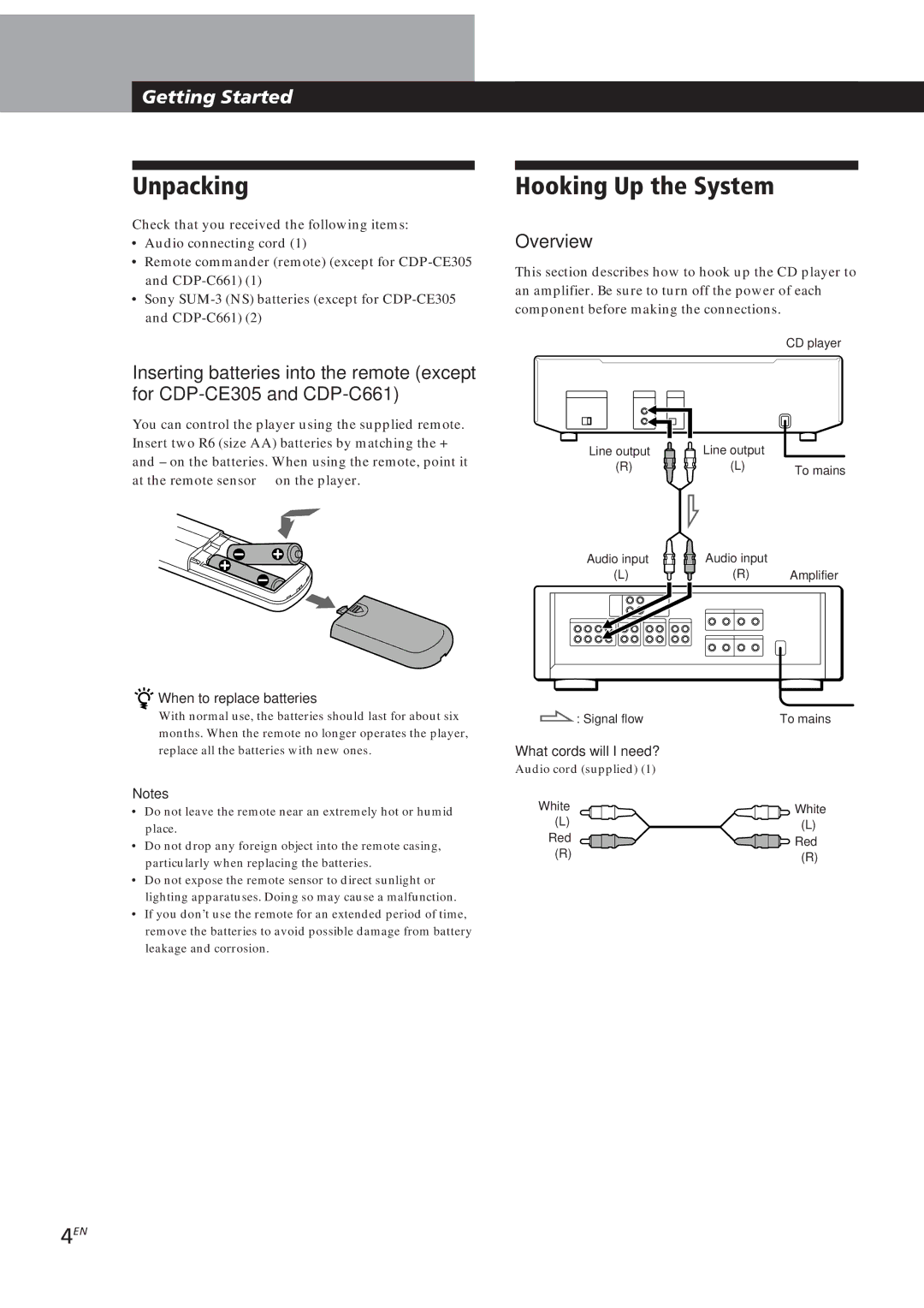 Sony CDP-CE505, CDP-CE305, CDP-CE405, CDP-C661 manual Unpacking, Hooking Up the System, Getting Started, Overview 