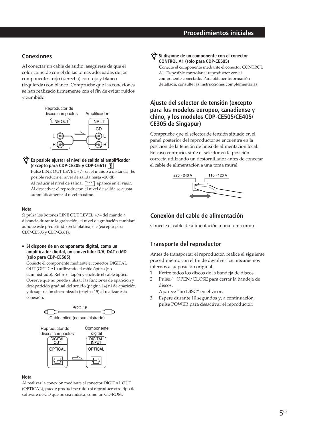 Sony CDP-C661 Procedimientos iniciales, Conexiones, Conexión del cable de alimentación, Transporte del reproductor, Nota 