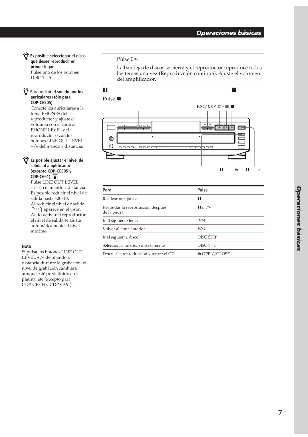 Sony CDP-CE305, CDP-CE505, CDP-CE405, CDP-C661 manual Operaciones básicas, Para Pulse, Nota 