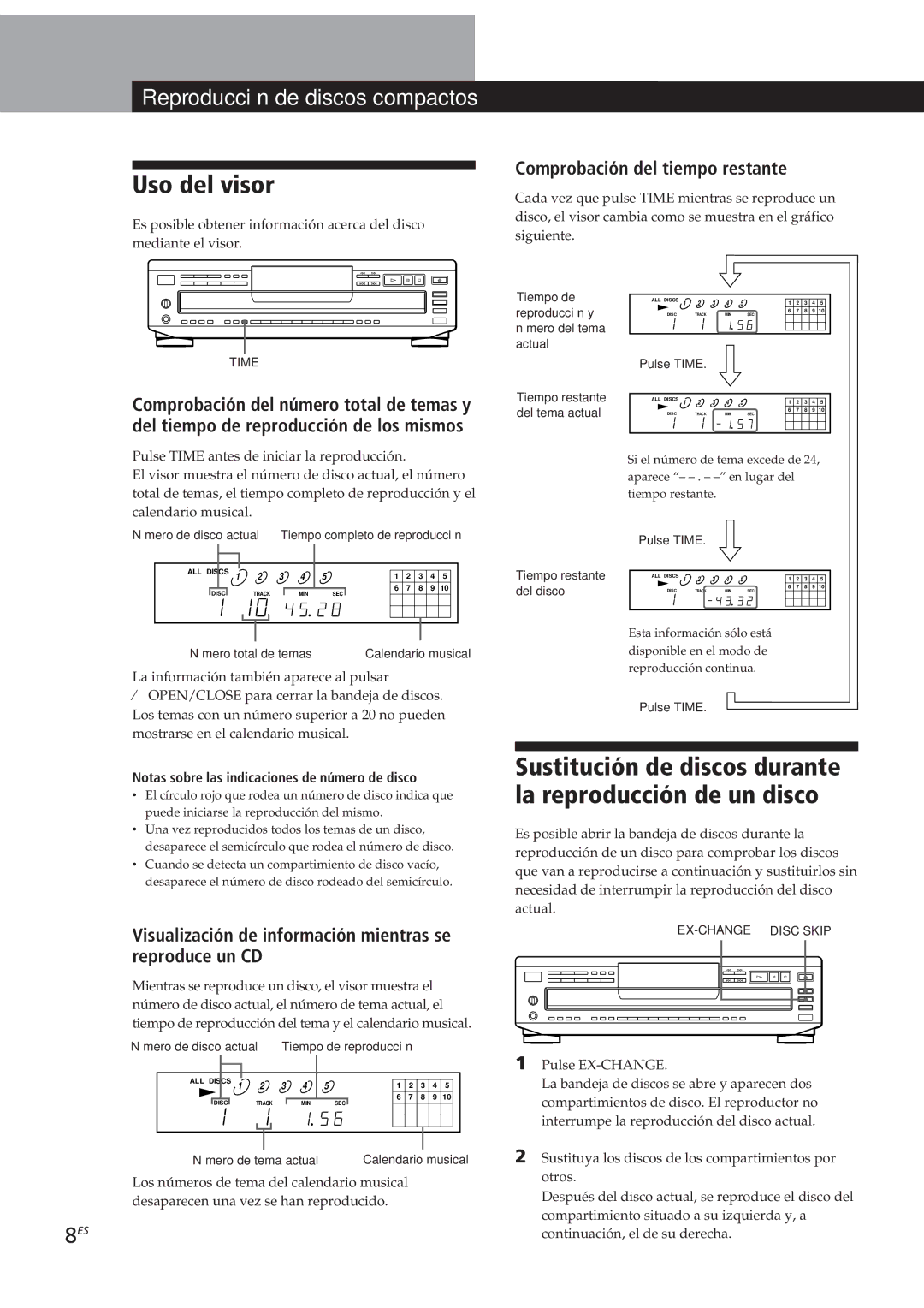 Sony CDP-CE405, CDP-CE505, CDP-CE305 Uso del visor, Reproduccióndedediscosdiscoscompactos, Comprobación del tiempo restante 