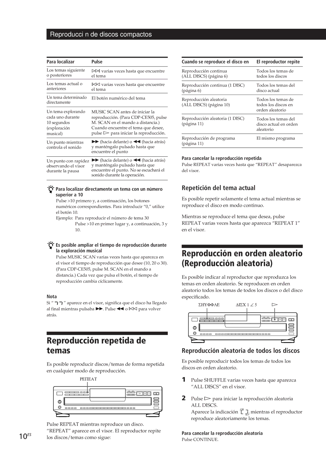 Sony CDP-CE505, CDP-CE305, CDP-CE405, CDP-C661 manual Reproducción repetida de temas, 10ES, Repetición del tema actual 