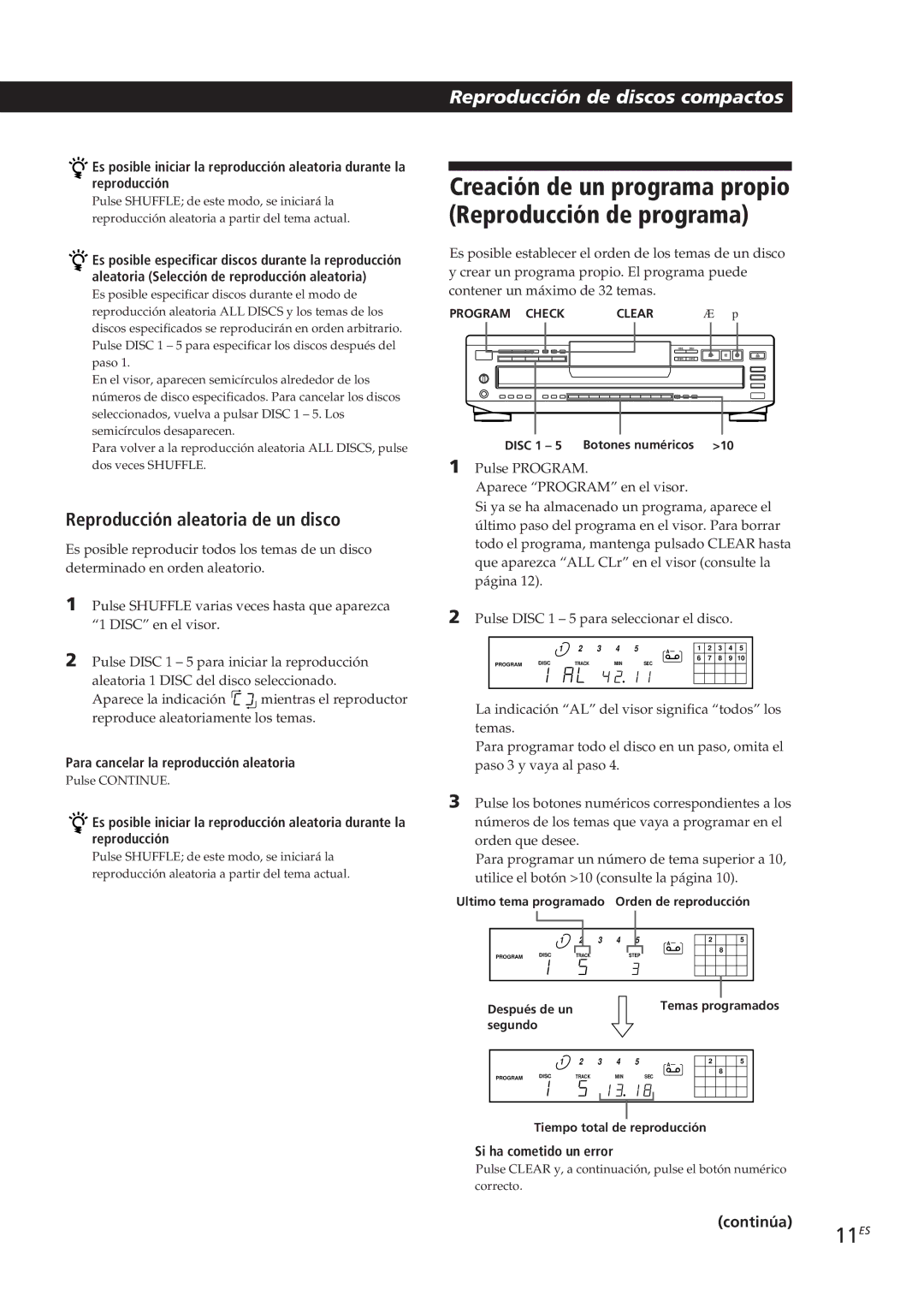 Sony CDP-CE305, CDP-CE505, CDP-CE405, CDP-C661 manual 11ES, Reproducción aleatoria de un disco, Si ha cometido un error 