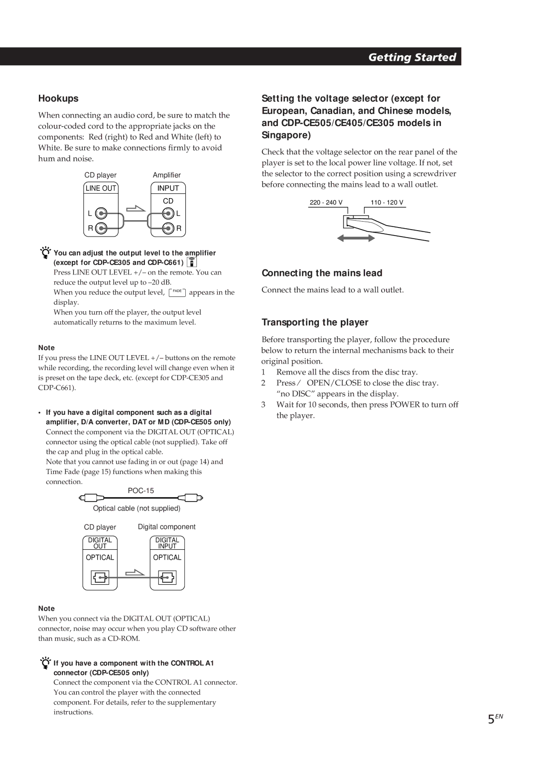 Sony CDP-CE305, CDP-CE505 Hookups, Connecting the mains lead, Transporting the player, POC-15 Optical cable not supplied 