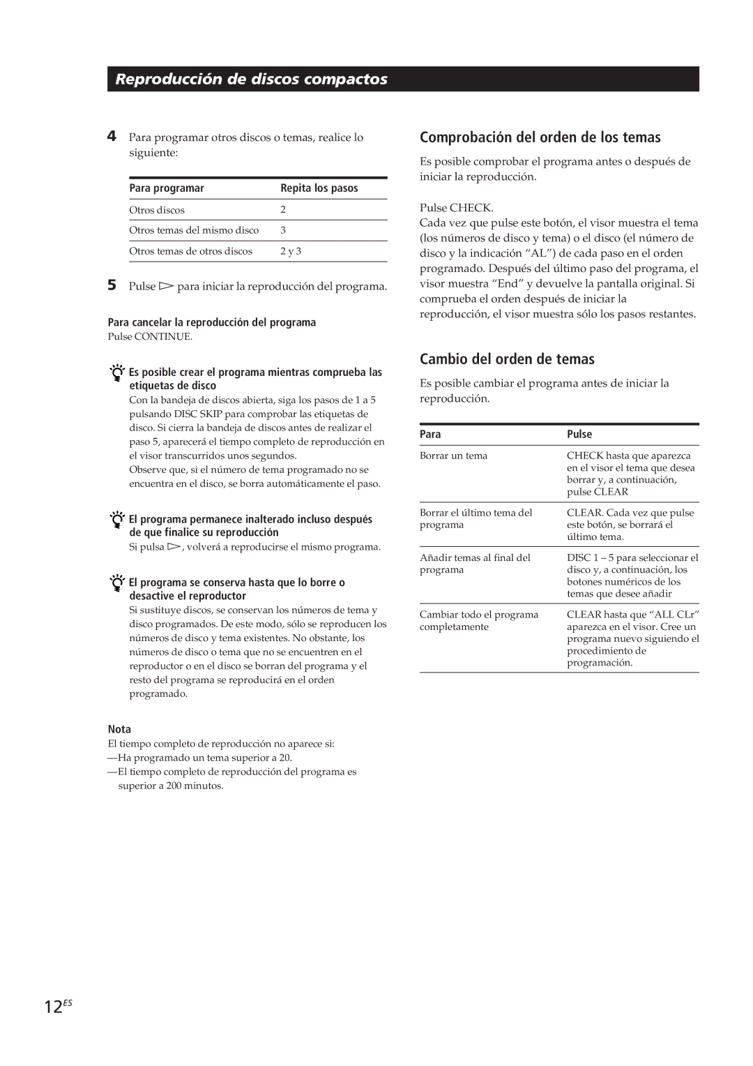 Sony CDP-CE405 manual 12ES, Comprobación del orden de los temas, Cambio del orden de temas, Para programar Repita los pasos 