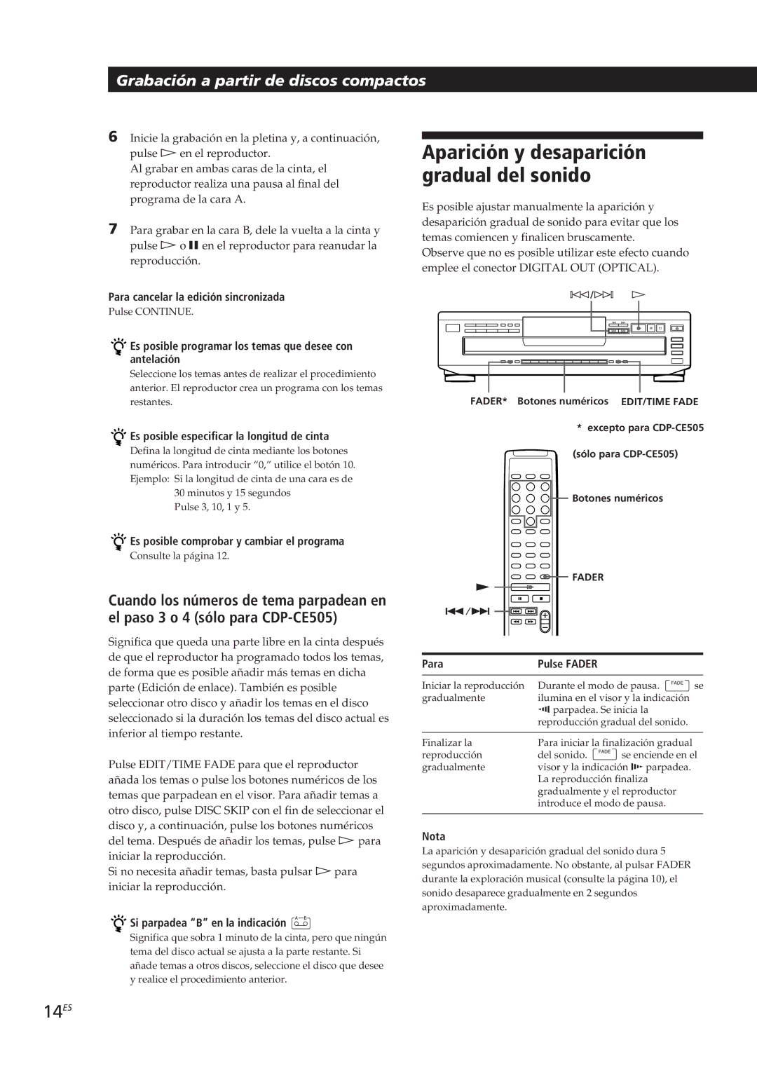 Sony CDP-CE505, CDP-CE305 manual Aparición y desaparición gradual del sonido, 14ES, Grabación a partir de discos compactos 