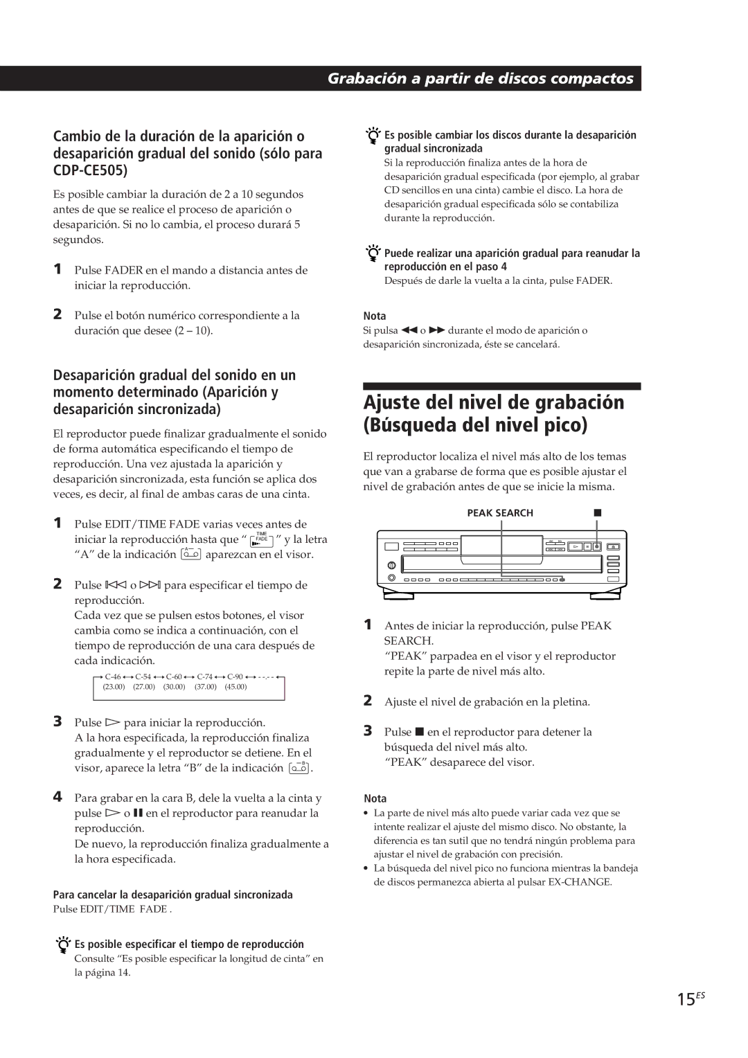 Sony CDP-CE305, CDP-CE505, CDP-CE405, CDP-C661 manual Ajuste del nivel de grabación Búsqueda del nivel pico, 15ES 