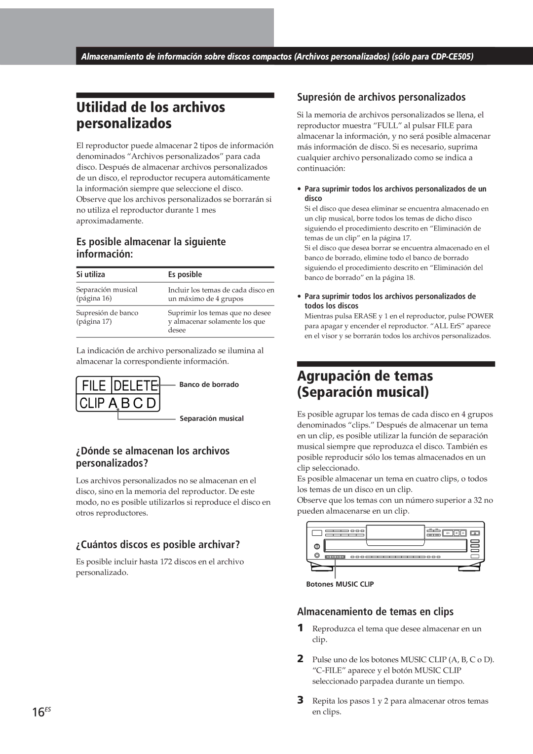 Sony CDP-CE405, CDP-CE505, CDP-CE305 Utilidad de los archivos personalizados, Agrupación de temas Separación musical, 16ES 