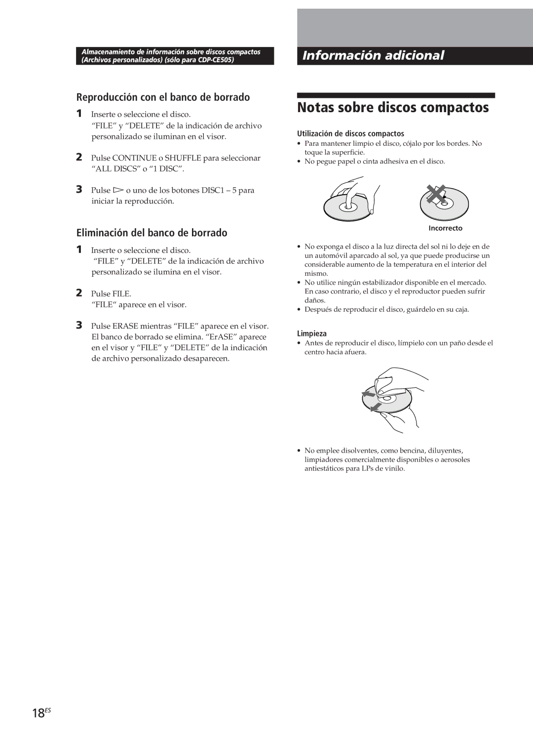 Sony CDP-CE505 Notas sobre discos compactos, 18ES, Reproducción con el banco de borrado, Eliminación del banco de borrado 