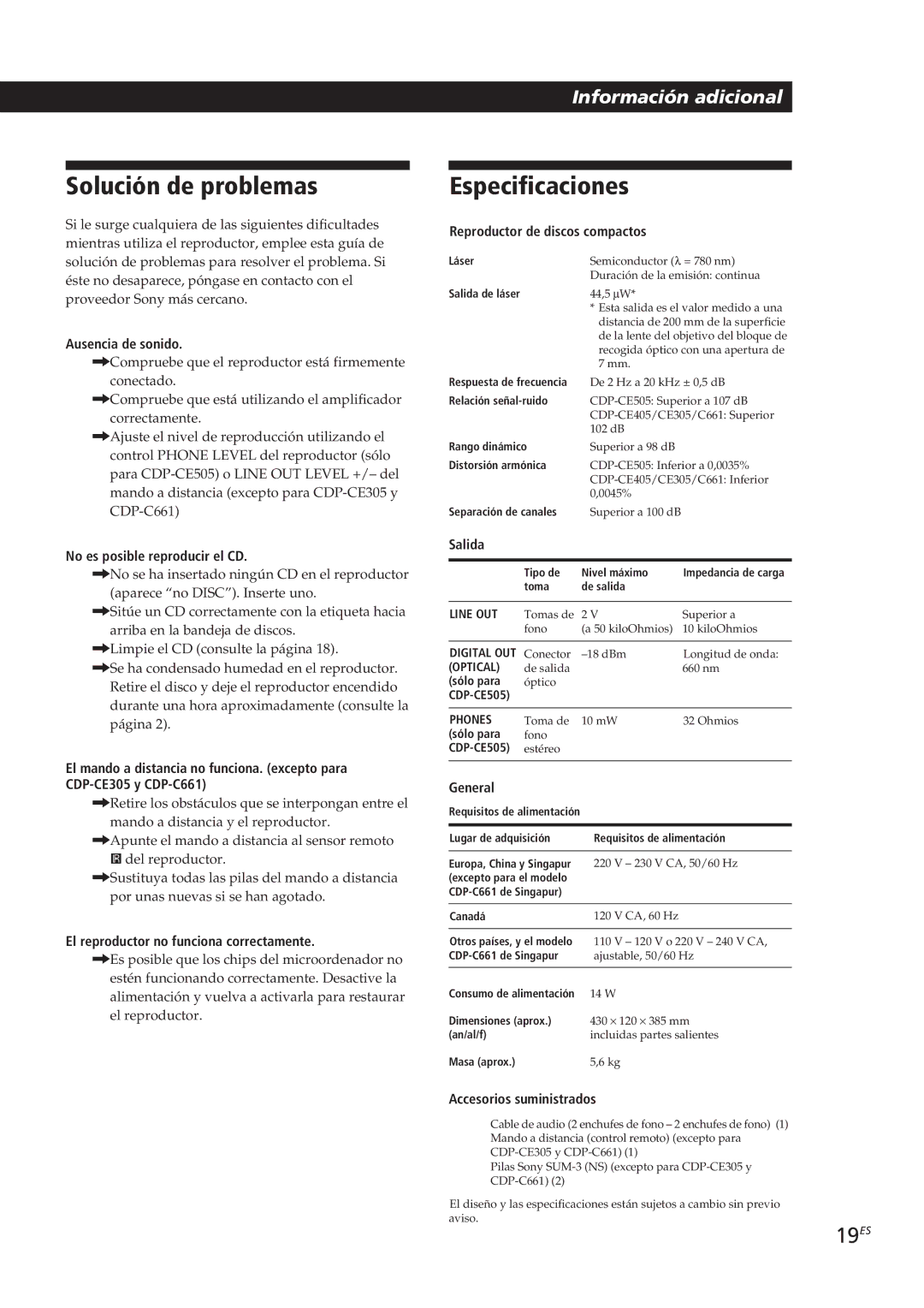Sony CDP-CE305, CDP-CE505, CDP-CE405, CDP-C661 manual Solución de problemas, Especificaciones, 19ES, Información adicional 