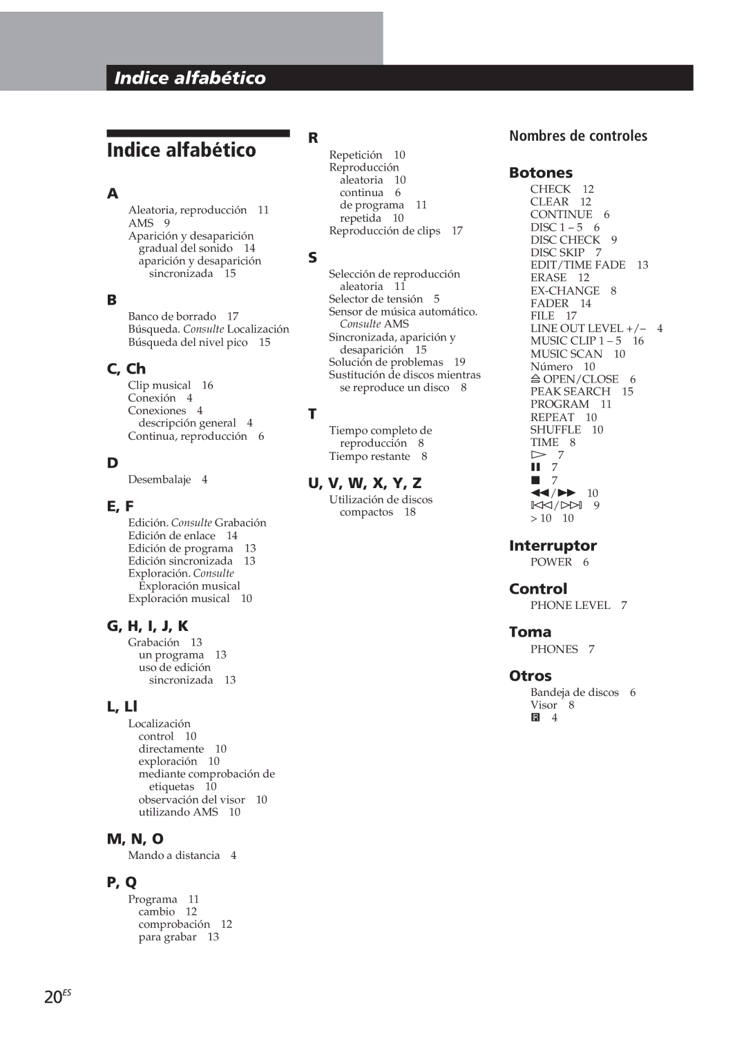 Sony CDP-CE405, CDP-CE505, CDP-CE305, CDP-C661 manual Indice alfabético, 20ES, Indiceformaciónalfabéticoadicional 