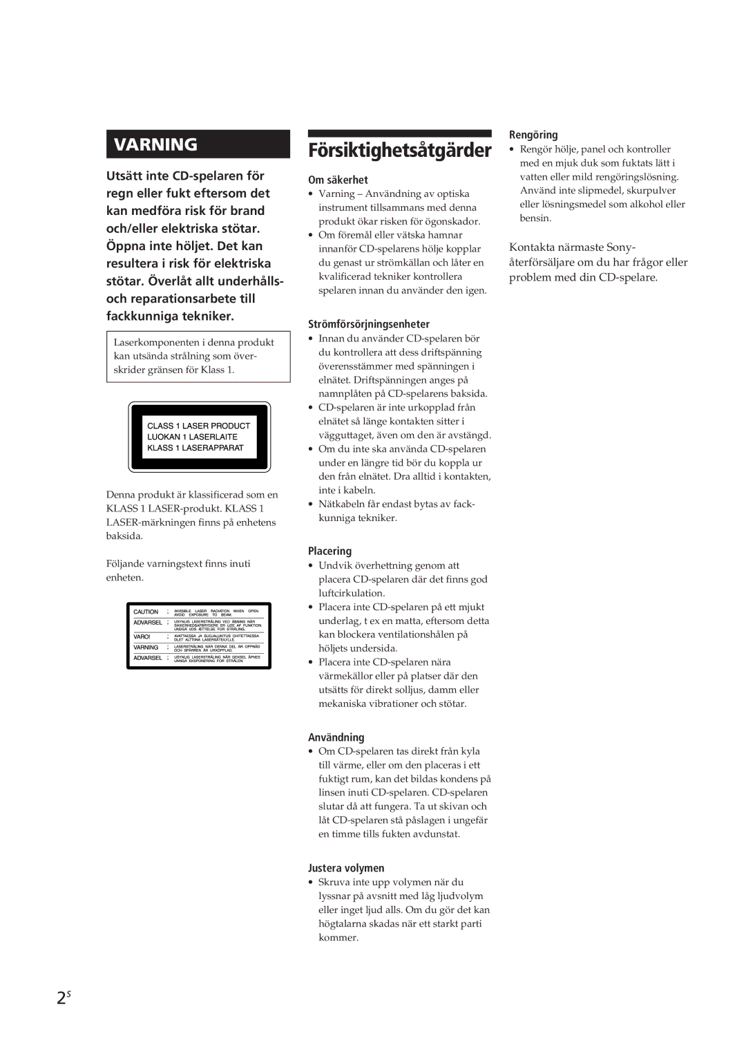 Sony CDP-C661, CDP-CE505, CDP-CE305, CDP-CE405 manual Försiktighetsåtgärder 