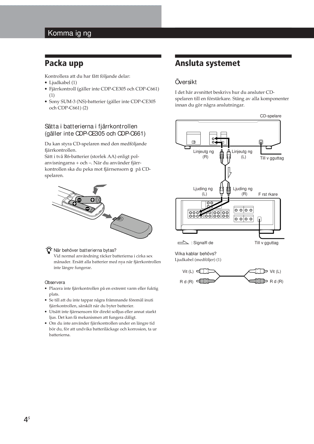 Sony CDP-CE305, CDP-CE505, CDP-CE405, CDP-C661 manual Packa upp, Ansluta systemet, Kommaigång, Översikt 