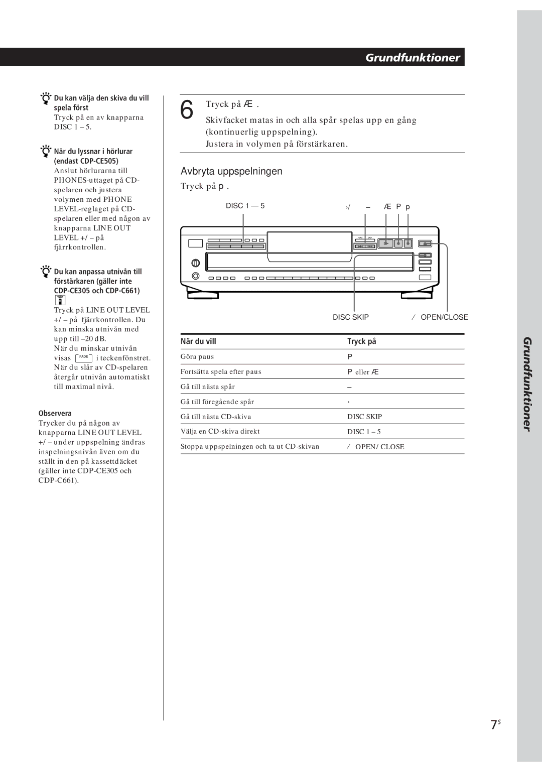 Sony CDP-CE505, CDP-CE305 Grundfunktioner, När du vill Tryck på, Du kan välja den skiva du vill spela först, Observera 