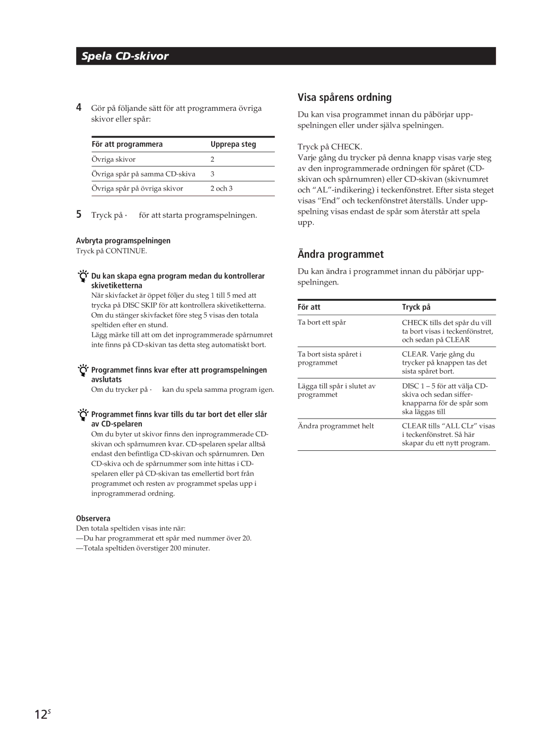 Sony CDP-CE305, CDP-CE505, CDP-CE405, CDP-C661 manual 12S, Visa spårens ordning, Ändra programmet 