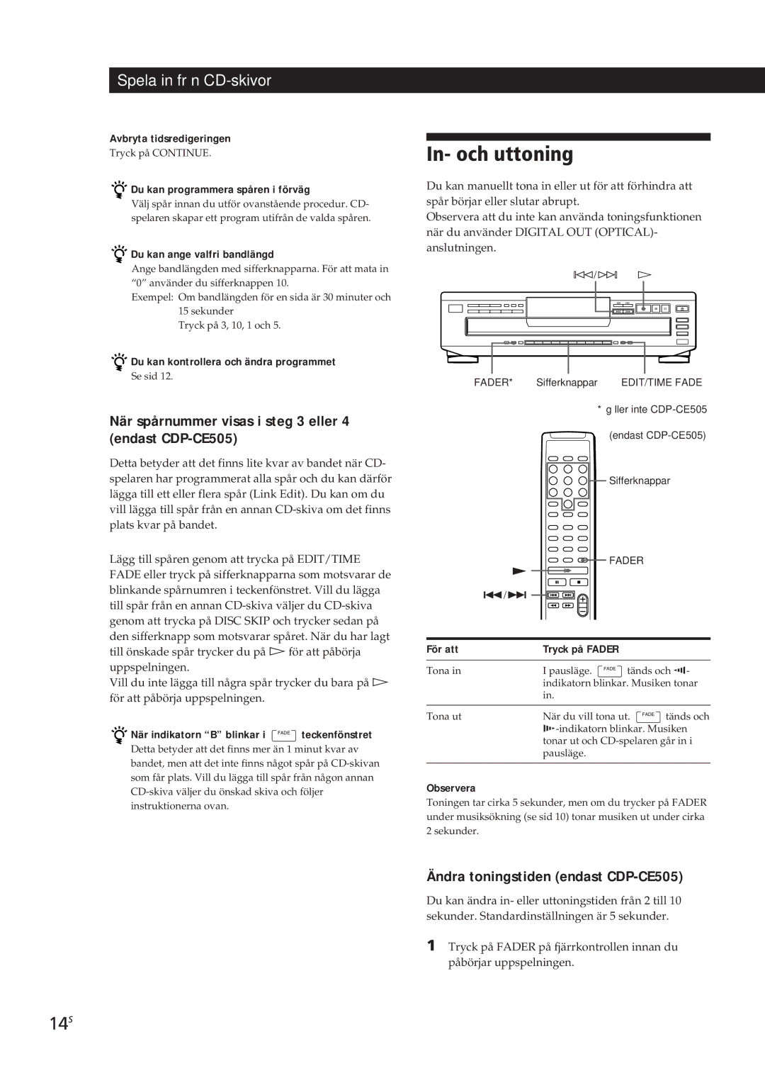 Sony CDP-C661, CDP-CE305, CDP-CE405 manual In- och uttoning, 14S, När spårnummer visas i steg 3 eller 4 endast CDP-CE505 