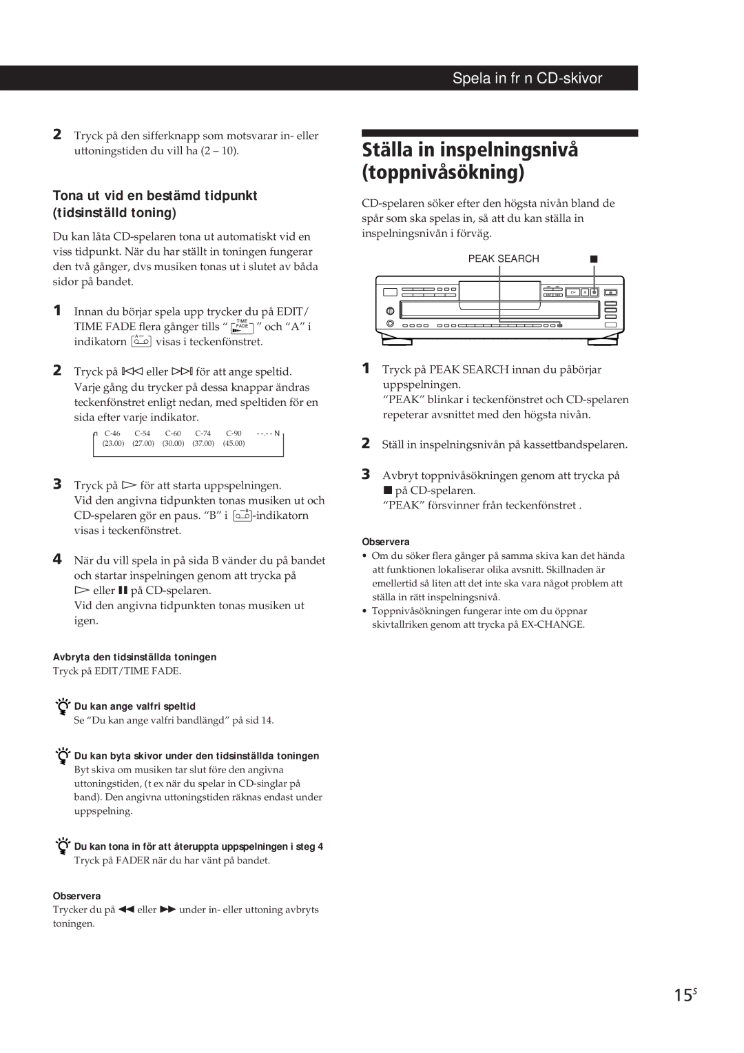 Sony CDP-CE505 manual Ställa in inspelningsnivå toppnivåsökning, 15S, Tona ut vid en bestämd tidpunkt tidsinställd toning 