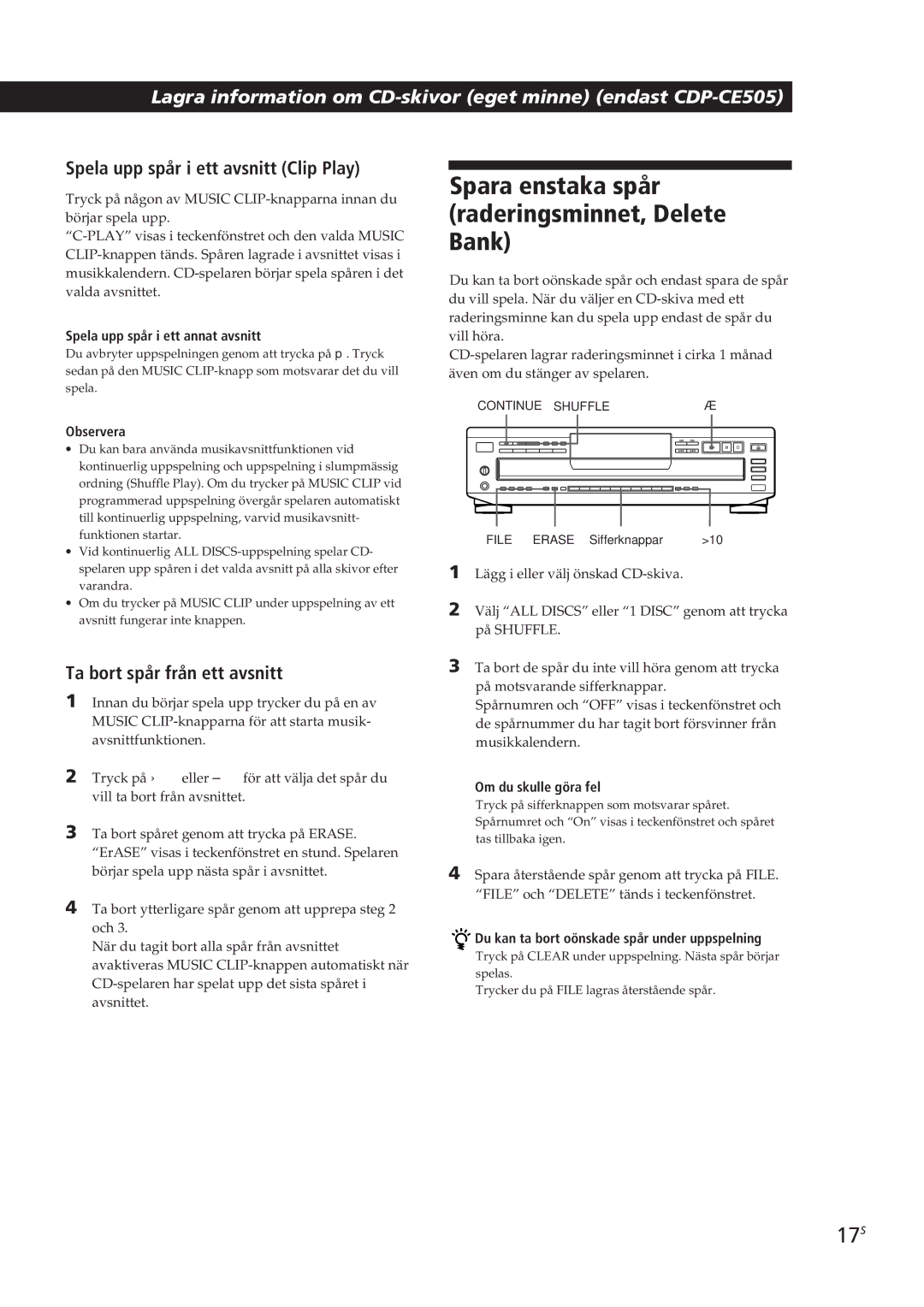 Sony CDP-CE405, CDP-CE505 Spara enstaka spår raderingsminnet, Delete Bank, 17S, Spela upp spår i ett avsnitt Clip Play 