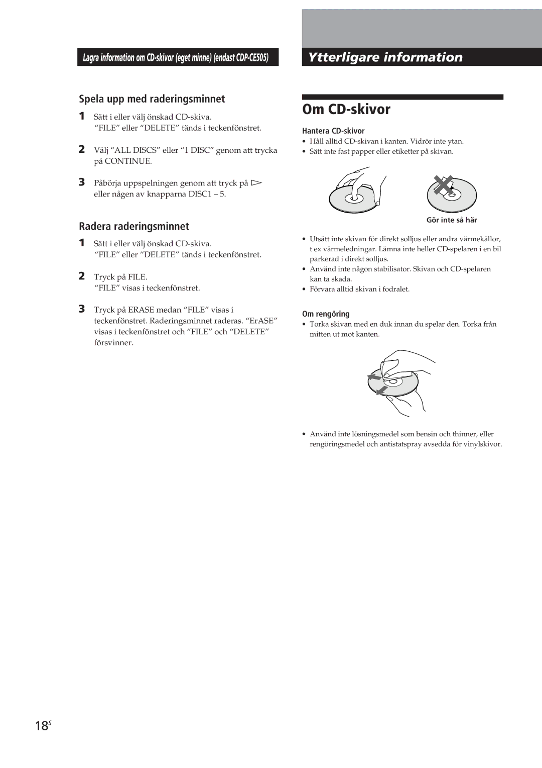 Sony CDP-C661, CDP-CE505, CDP-CE305, CDP-CE405 manual Om CD-skivor, 18S, Spela upp med raderingsminnet, Radera raderingsminnet 