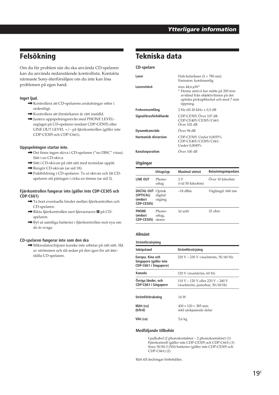 Sony CDP-CE505, CDP-CE305, CDP-CE405, CDP-C661 manual Felsökning, Tekniska data, 19S, Ytterligare information 