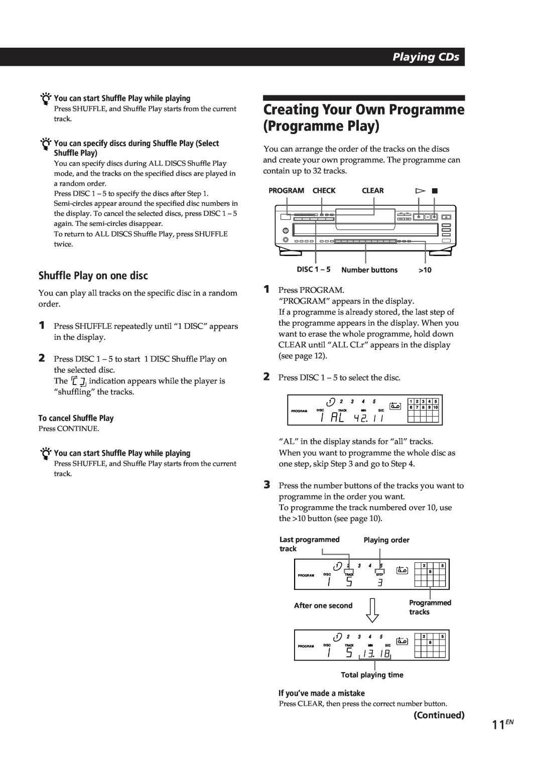 Sony CDP-C661, CDP-CE505, CDP-CE305 Creating Your Own Programme Programme Play, 11EN, Shuffle Play on one disc, Playing CDs 