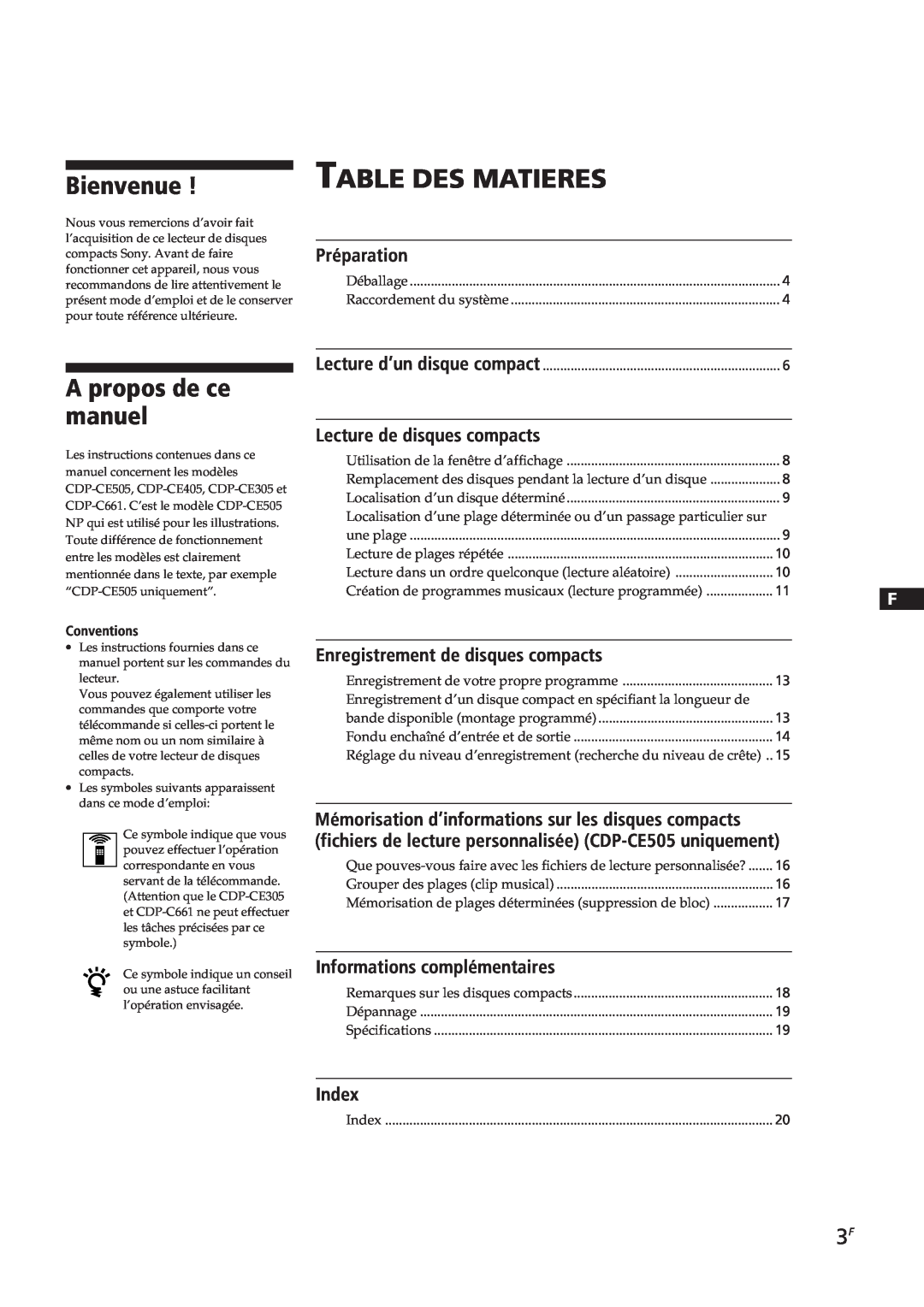 Sony CDP-CE405 manual Table Des Matieres, Bienvenue, A propos de ce manuel, Préparation, Lecture de disques compacts, Index 