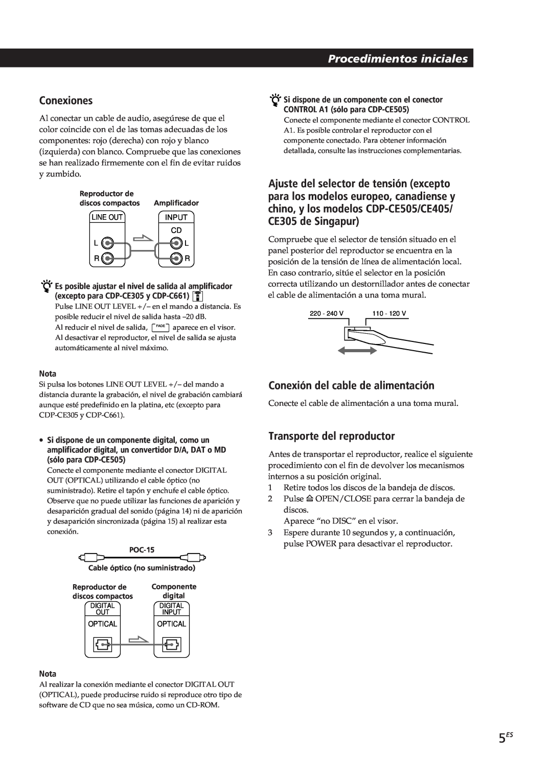 Sony CDP-C661 Procedimientos iniciales, Conexiones, Conexión del cable de alimentación, Transporte del reproductor, Nota 
