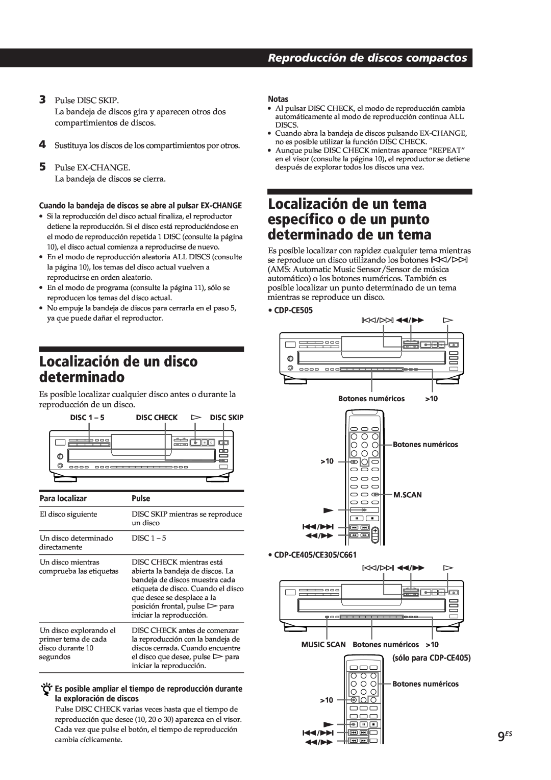 Sony CDP-C661 manual Localización de un disco determinado, Reproducción de discos compactos, Para localizar, Pulse, Notas 