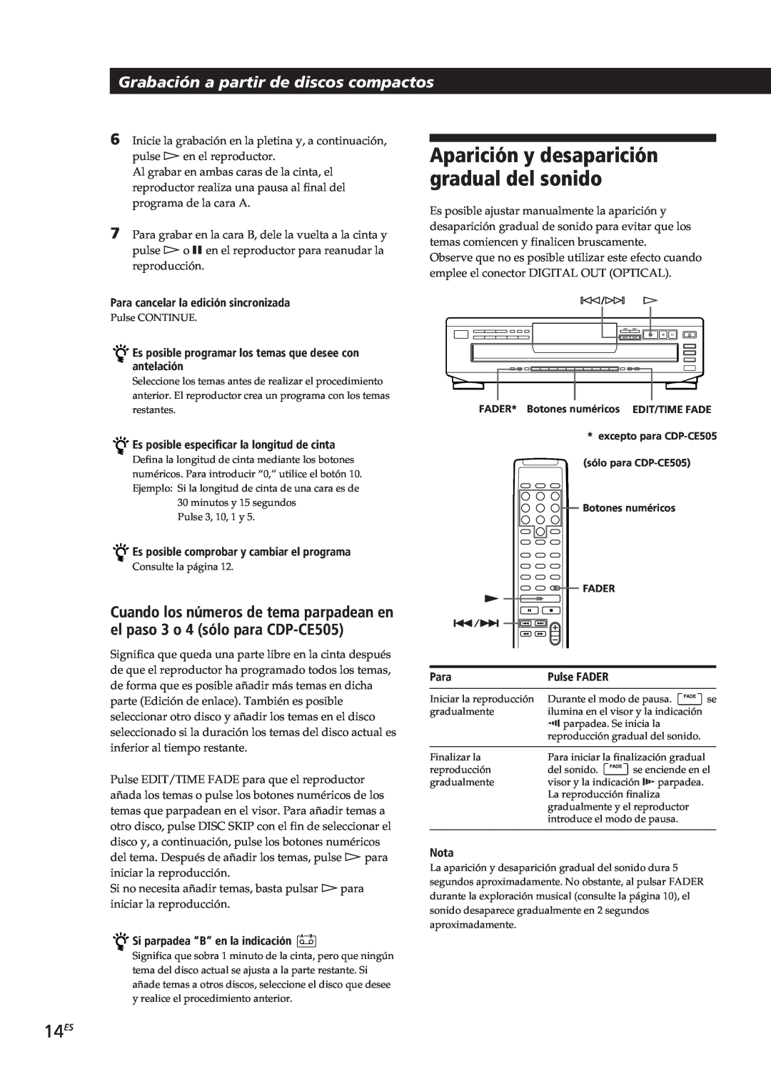 Sony CDP-CE505 manual Aparición y desaparición gradual del sonido, 14ES, Grabación a partir de discos compactos, Para, Nota 