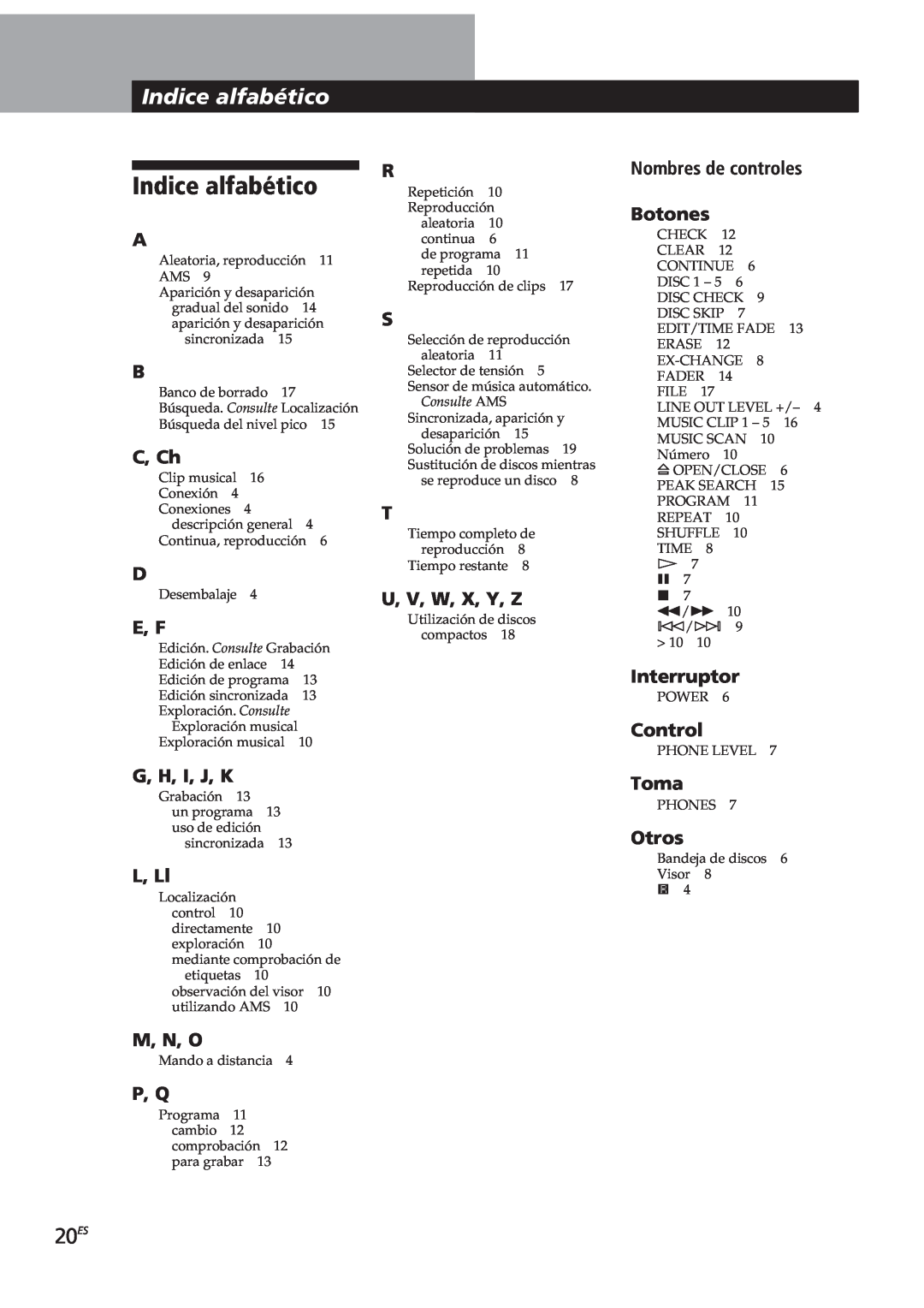 Sony CDP-CE405 Indice alfabético, 20ES, Indiceformaciónalfabéticoadicional, C, Ch, E, F, G, H, I, J, K, L, Ll, Interruptor 