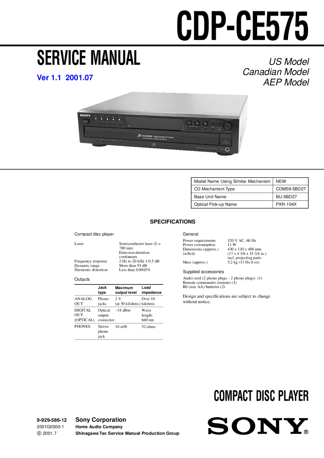 Sony CDP-CE575 service manual Specifications, 929-586-12, New 