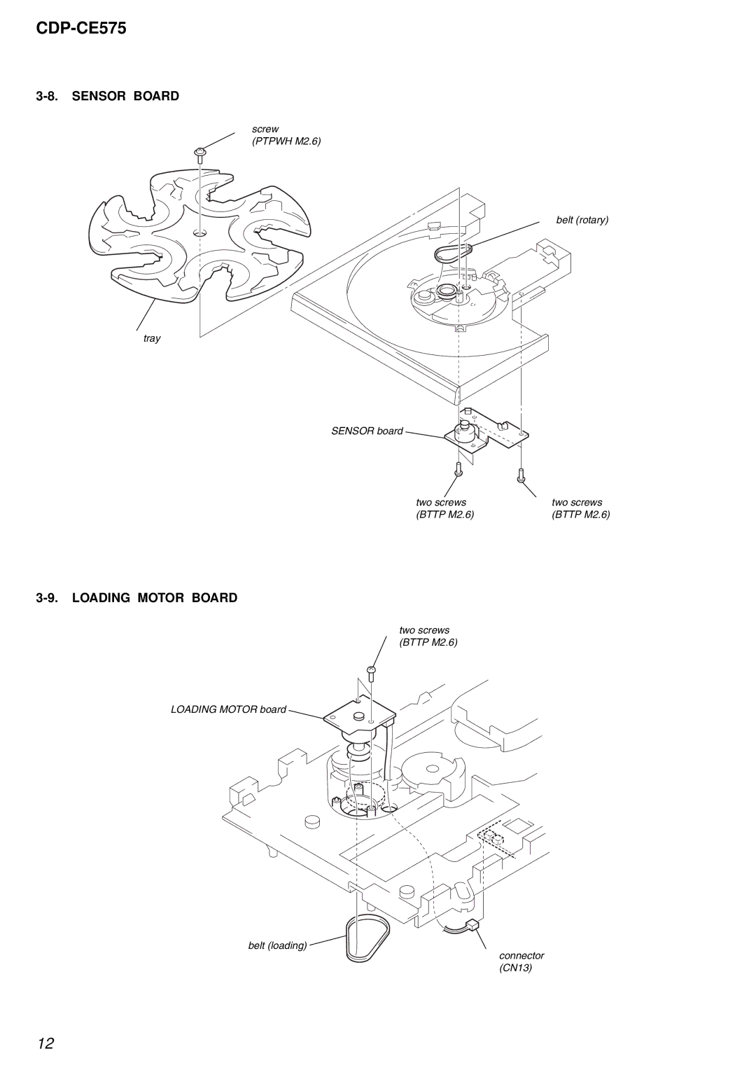 Sony CDP-CE575 service manual Sensor Board, Loading Motor Board 