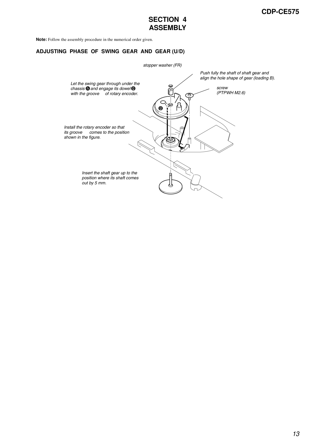 Sony service manual CDP-CE575 Section Assembly, Adjusting Phase of Swing Gear and Gear U/D 