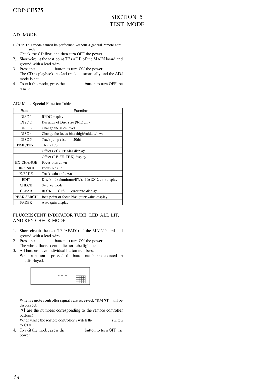 Sony service manual CDP-CE575 Section Test Mode, ADJ Mode, Fluorescent Indicator TUBE, LED ALL LIT, and KEY Check Mode 