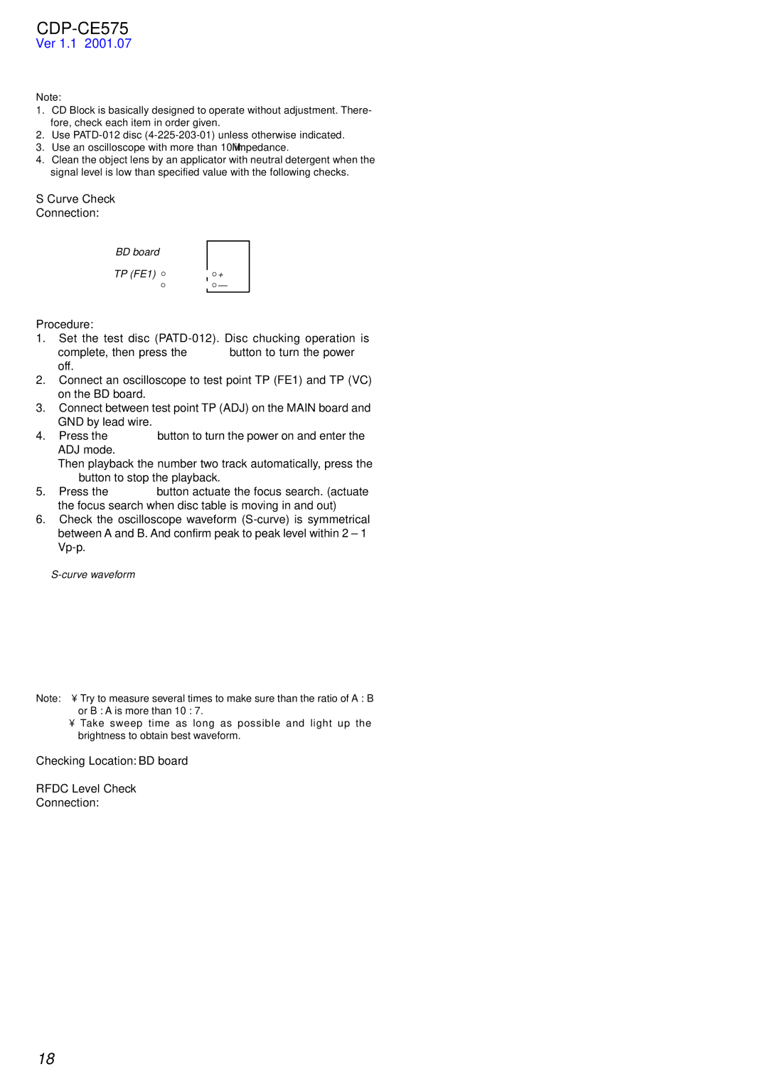 Sony CDP-CE575 service manual Electrical Adjustments, Curve Check, Rfdc Level Check, Rfac Level Check 