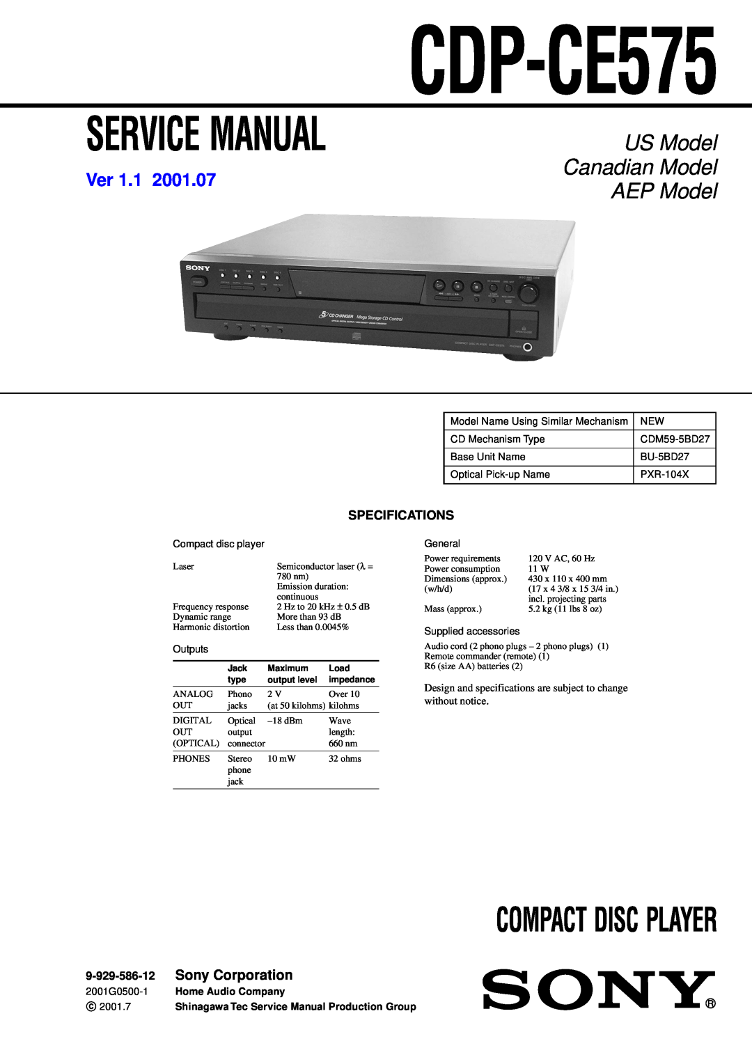 Sony CDP-CE575 service manual Compact Disc Player, US Model, Canadian Model, AEP Model, Ver, Sony Corporation 