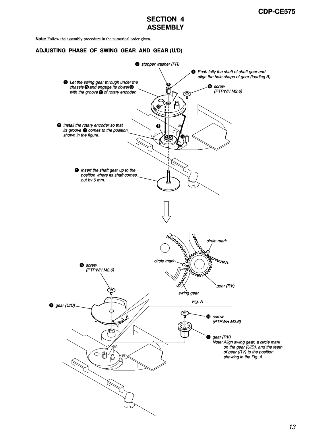 Sony service manual CDP-CE575 SECTION ASSEMBLY, Adjusting Phase Of Swing Gear And Gear U/D, g f h 