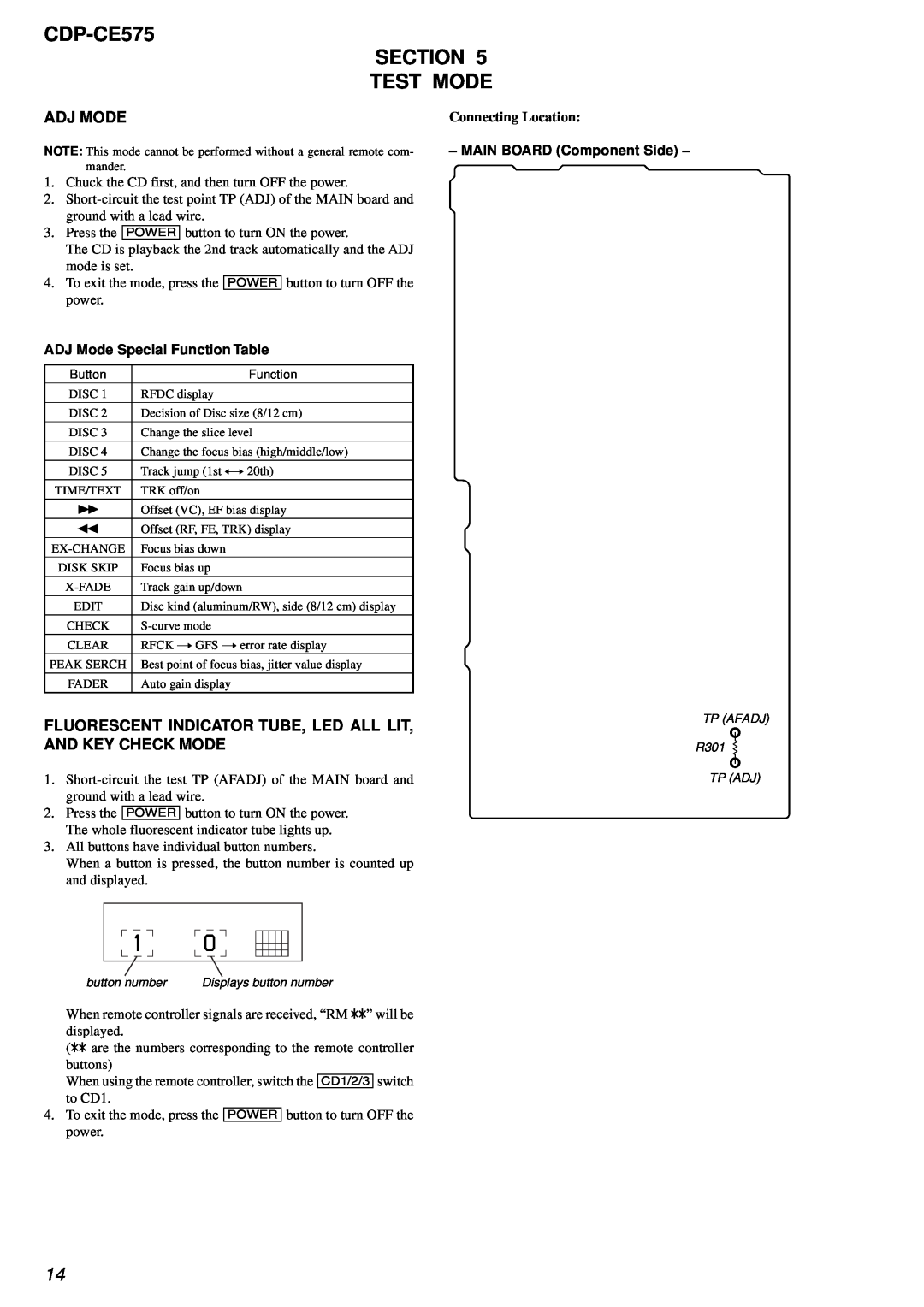 Sony service manual CDP-CE575 SECTION TEST MODE, Adj Mode, ADJ Mode Special Function Table, Connecting Location 