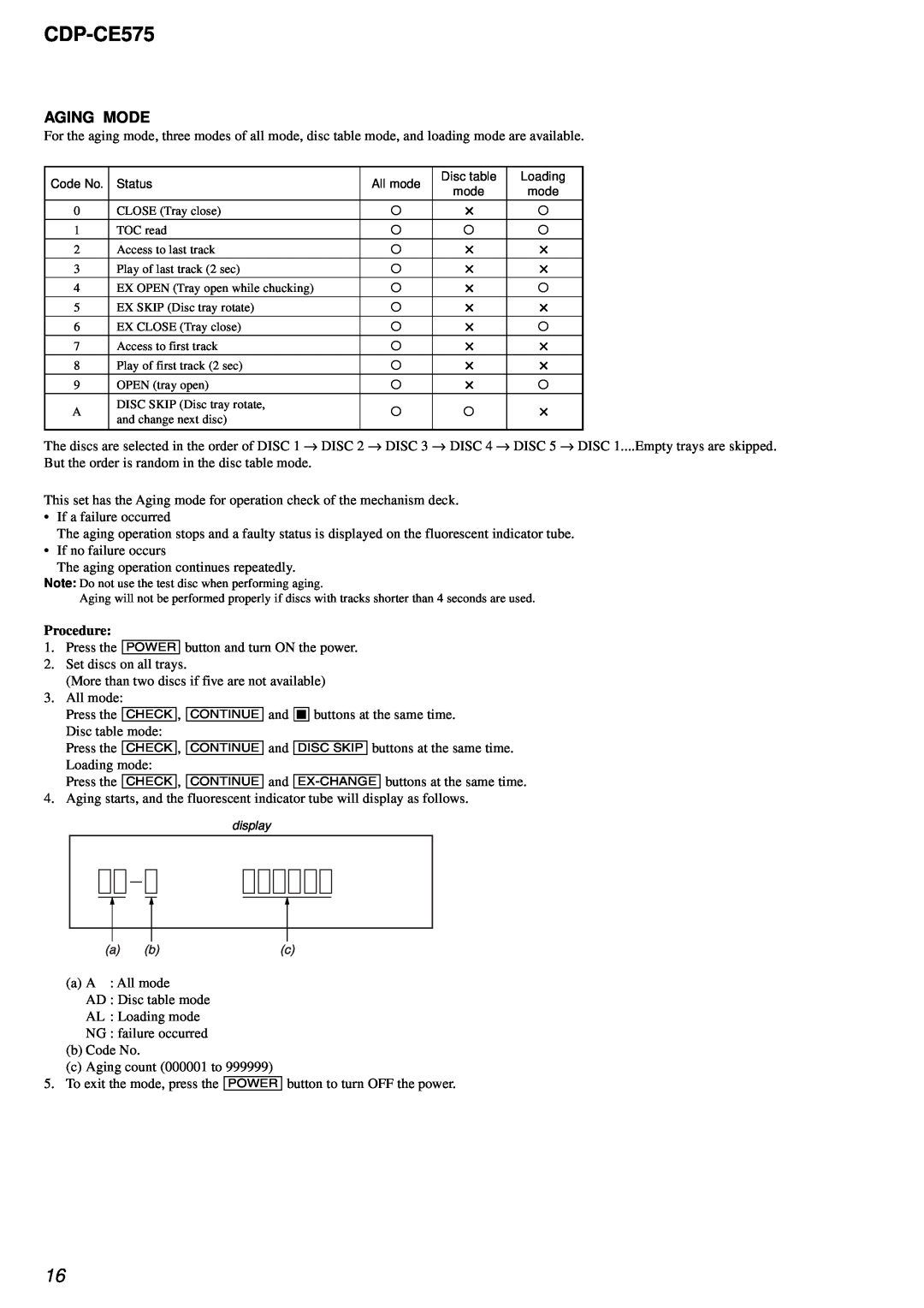 Sony CDP-CE575 service manual Aging Mode, Procedure 