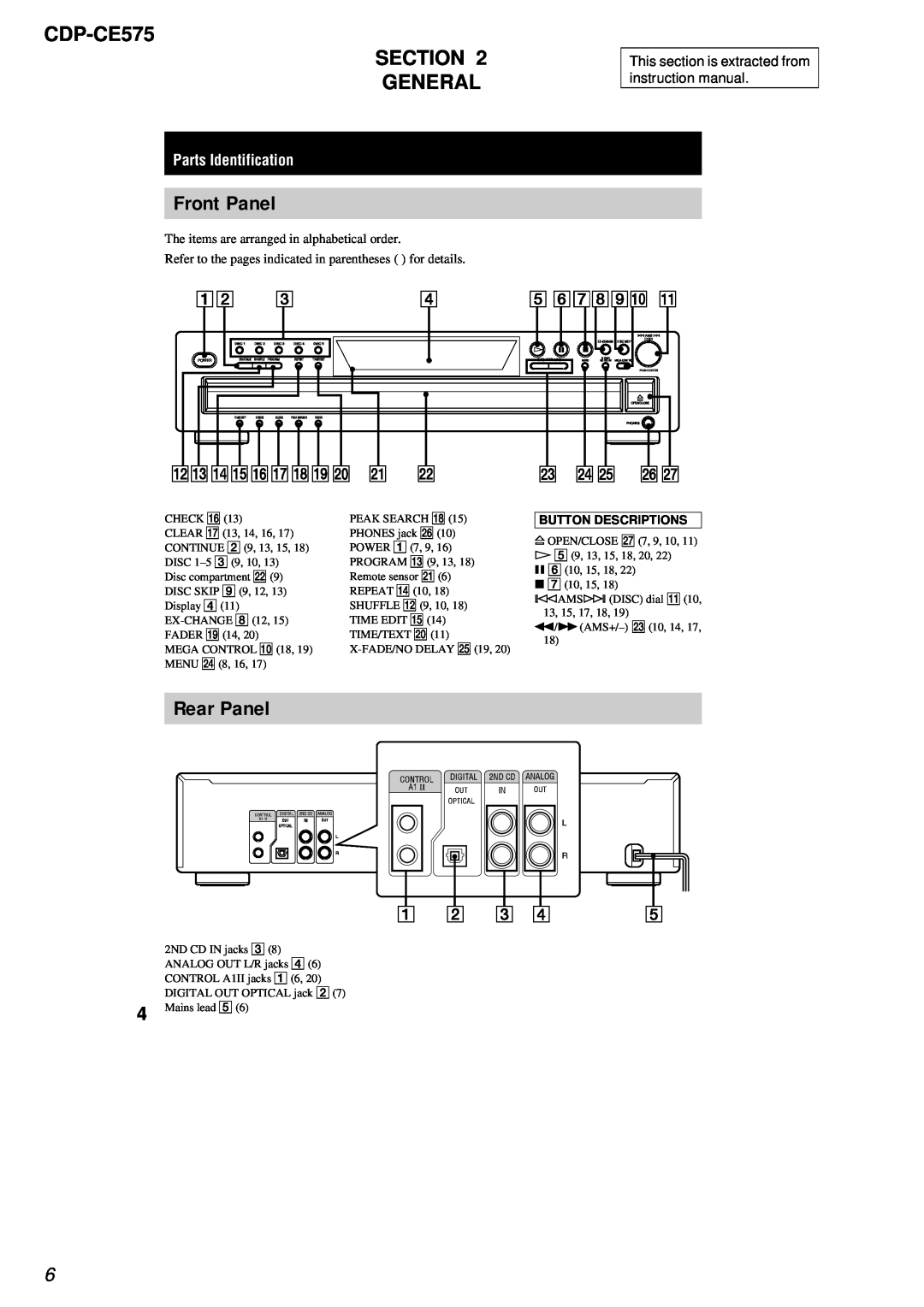 Sony service manual Front Panel, Rear Panel, CDP-CE575 SECTION GENERAL, Parts Identification, Button Descriptions 