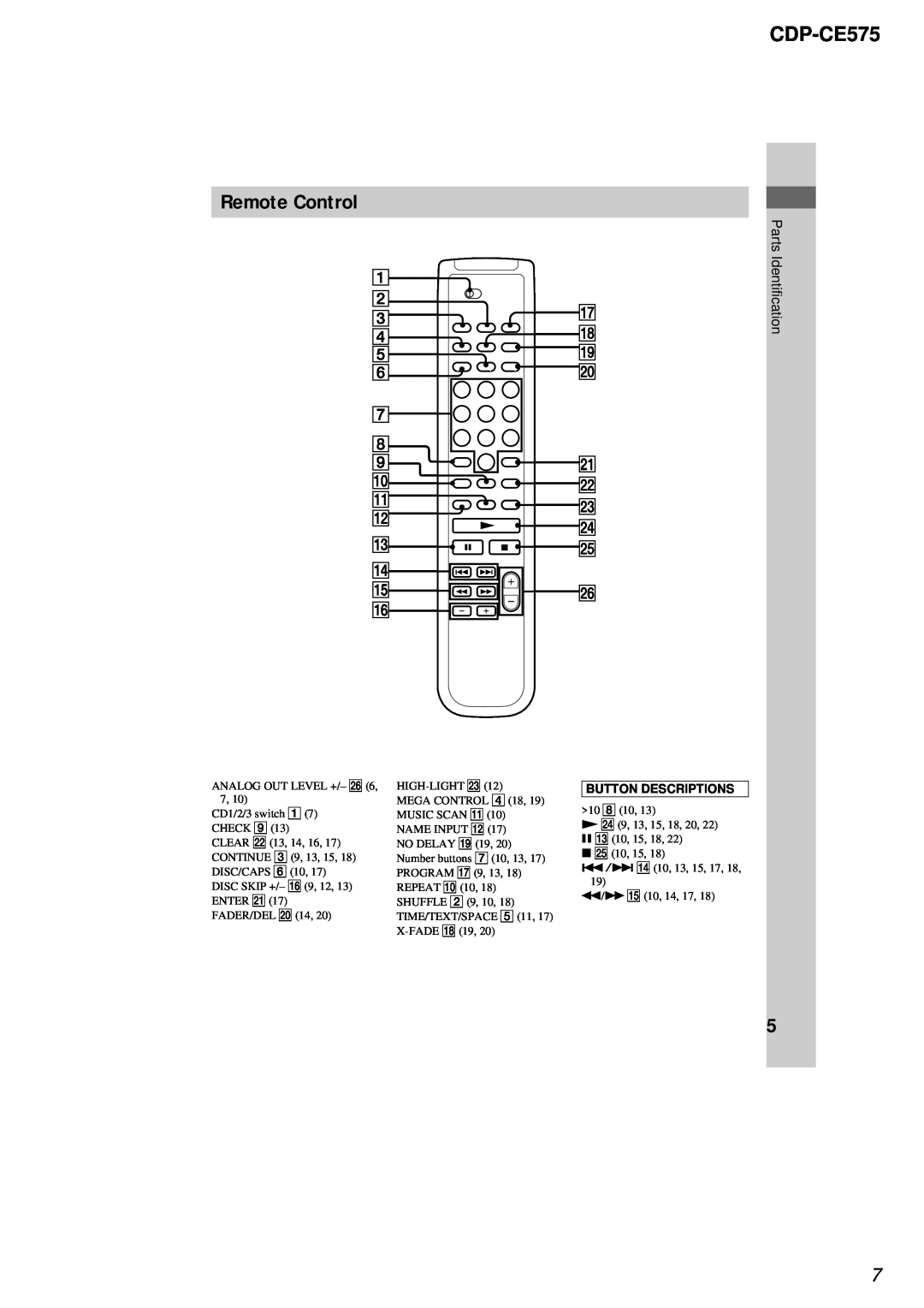 Sony CDP-CE575 service manual Remote Control, Parts Identification, Button Descriptions 